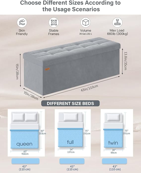 ABHENG Folding Storage Ottoman, Velvet Storage Bench, Footrest, Removable Divider, for Living Room, Bedroom, 15 x 43 x 15 Inches, 660 lb Load Capacity, Gray UASND02G