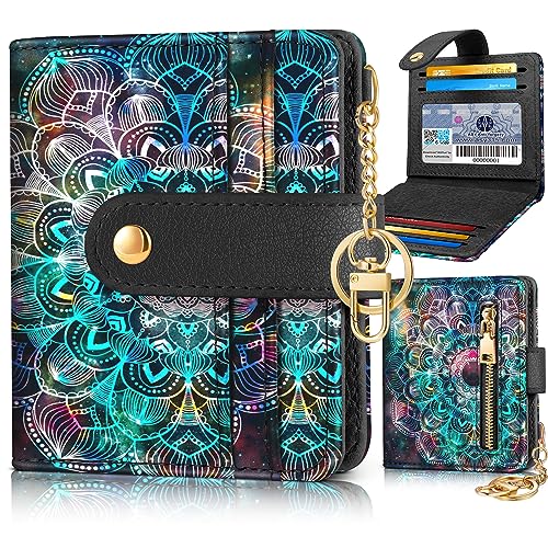 Image of Bistup Small Card Wallet for Women with Keychain, Boho Mandala | Clear ID Window, Compact Design for Daily Carry, Durable Material, Sturdy Keychain, Aesthetic