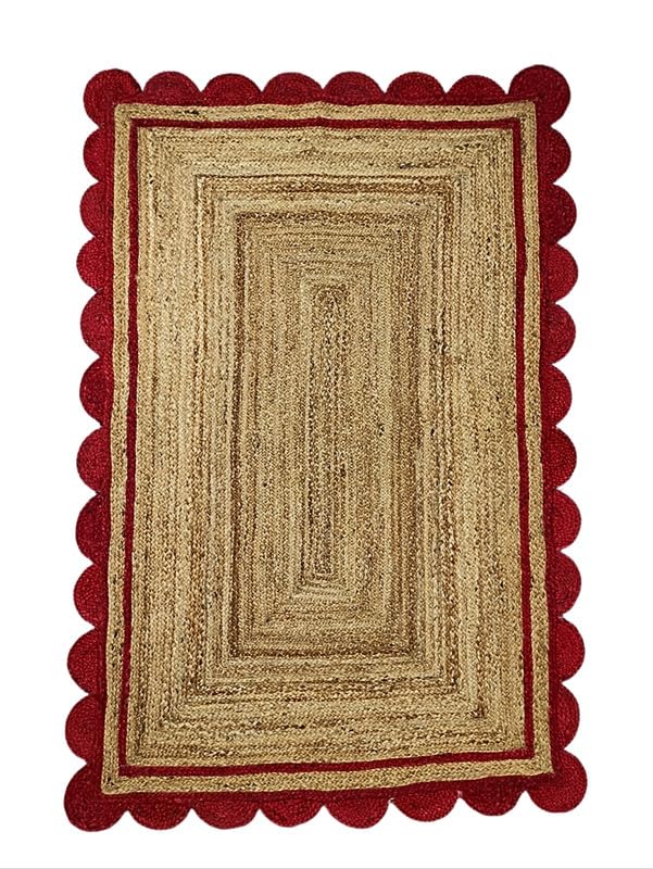 Alfombra festoneada de yute rojo y natural, tejida a mano, respetuosa con el medio ambiente, duradera y respetuosa con el medio ambiente, decoración bohemia para sala de estar, dormitorio o entrada
