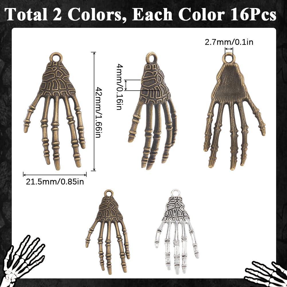 SUNNYCLUE 1 Box 32Pcs Skeleton Hands Charms Skull Hand Charms Antique Alloy Pumpkins Punk Horror Rock Bone Claw Halloween Charm for Jewellery Making Charms Necklace Bracelet Halloween Party Decoration - Image 2