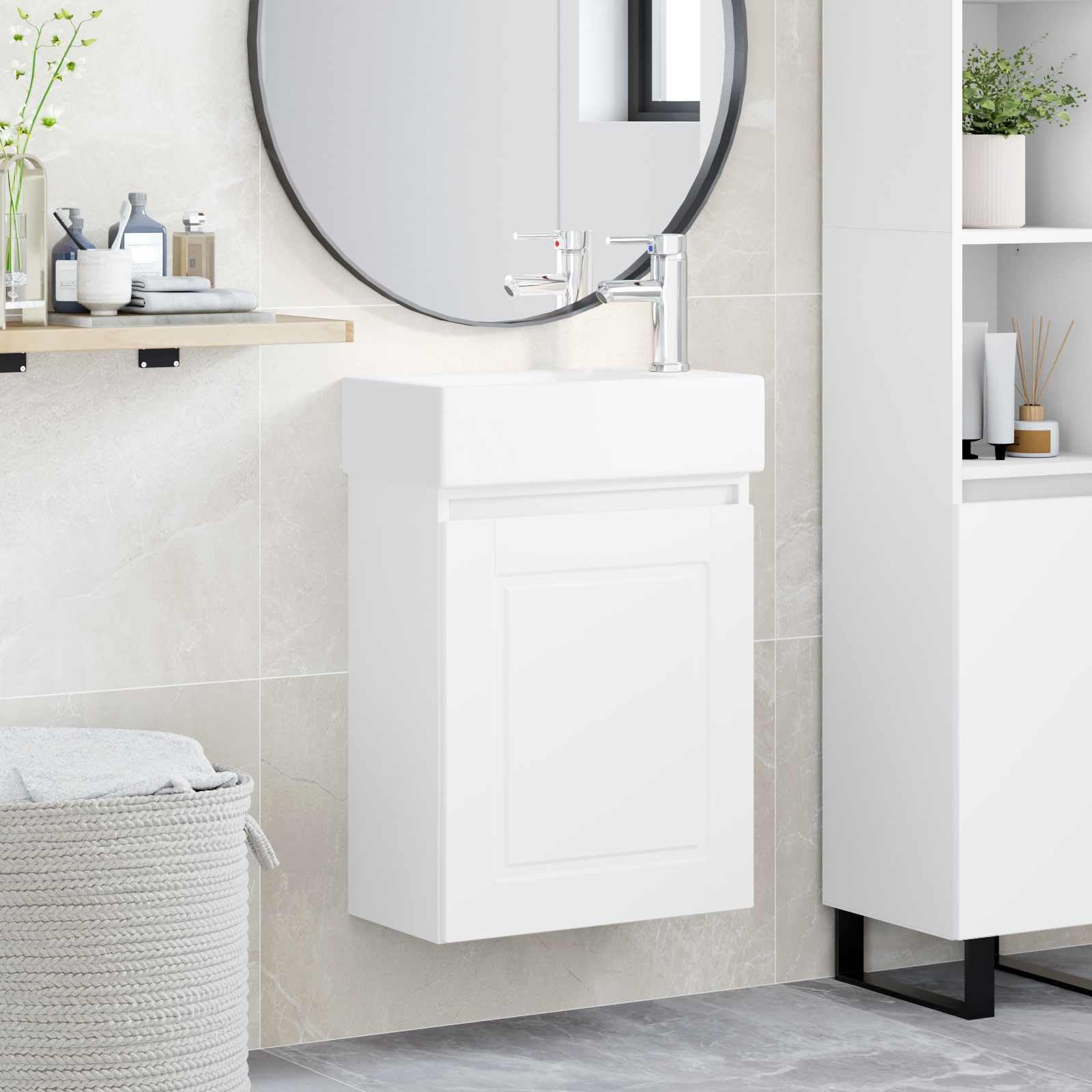 Mobile sottolavabo da bagno con lavabo in ceramica e miscelatore bianco, salvaspazio, montaggio a parete, moderno set di mobili da bagno per WC degli ospiti, 45,5 x 22,5 x 84 cm