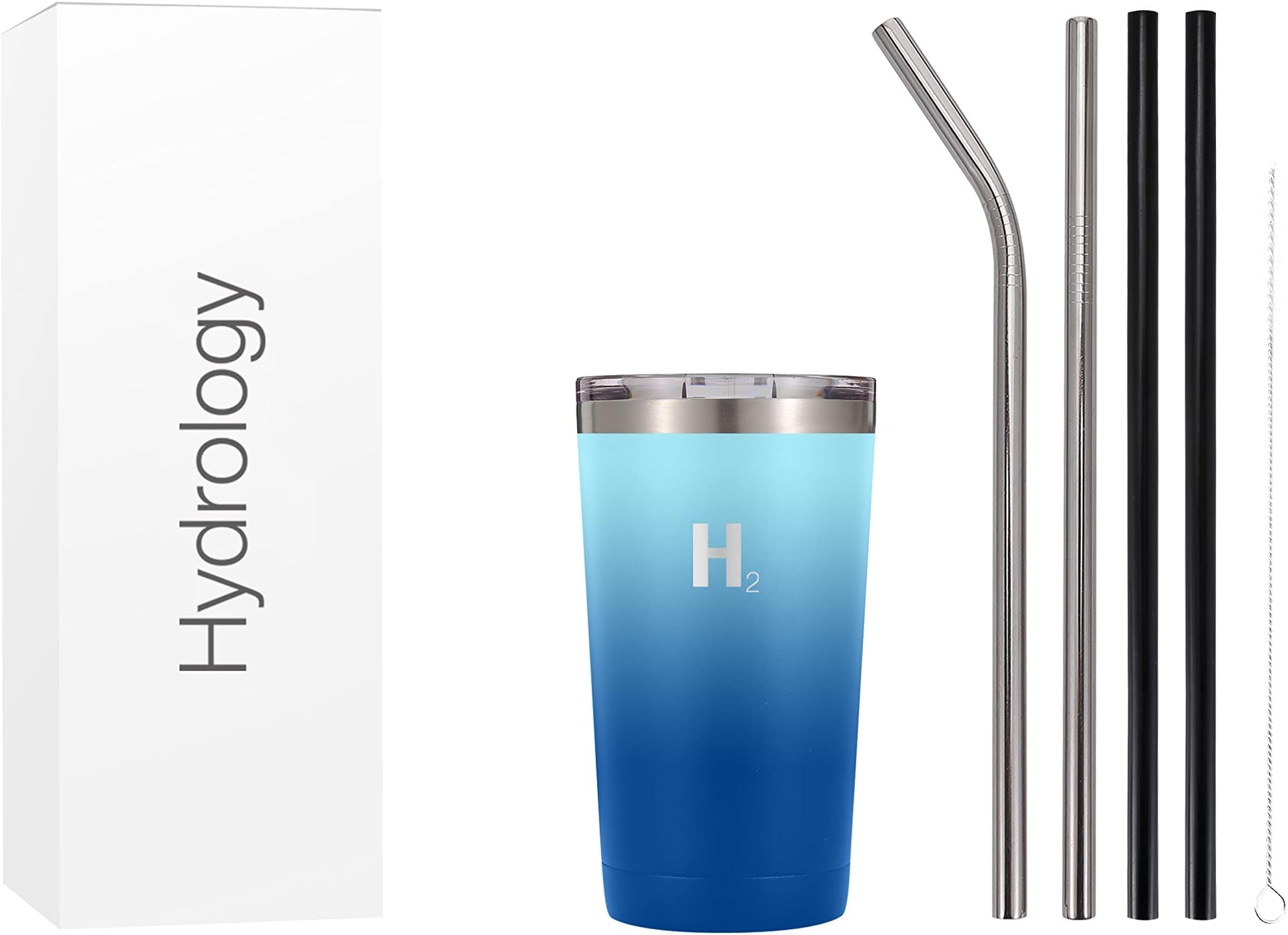 H2 Hydrology Classic Tumbler - Stainless Steel Large Double Wall Tumblers, Metal Water Tumbler with Straw, Anti-Slip Vacuum Coffee Tumblers Cup, 4 Stainless Steel Straw Included (16 Oz, Cool Water)