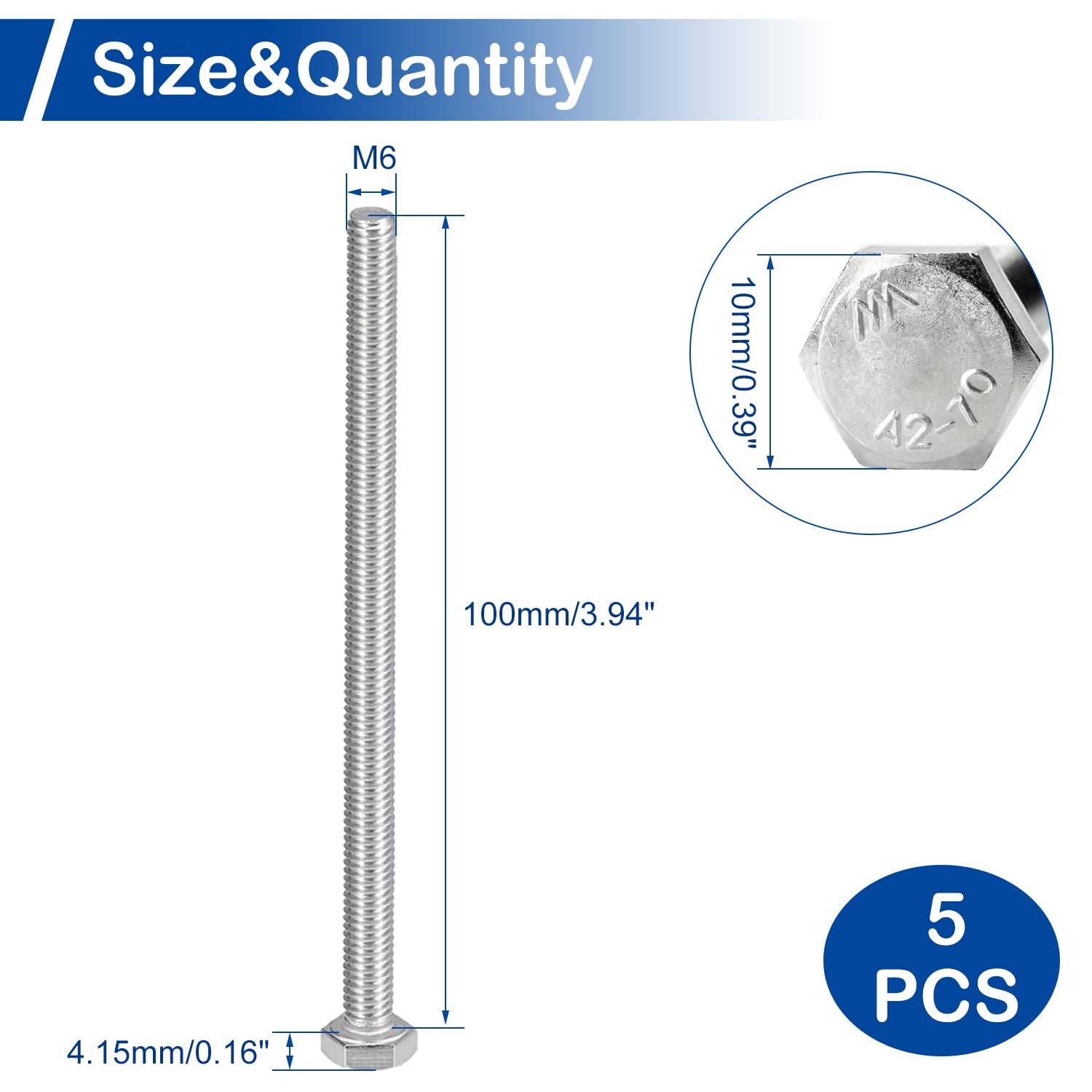 MroMax M6 Bullone Esagonale M6-1 X 100 Mm Bullone Esagonale UNC Bulloni A Vite A Testa Esagonale In Acciaio Inox 304 Completamente Filettati, 5 Pezzi - Foto 10