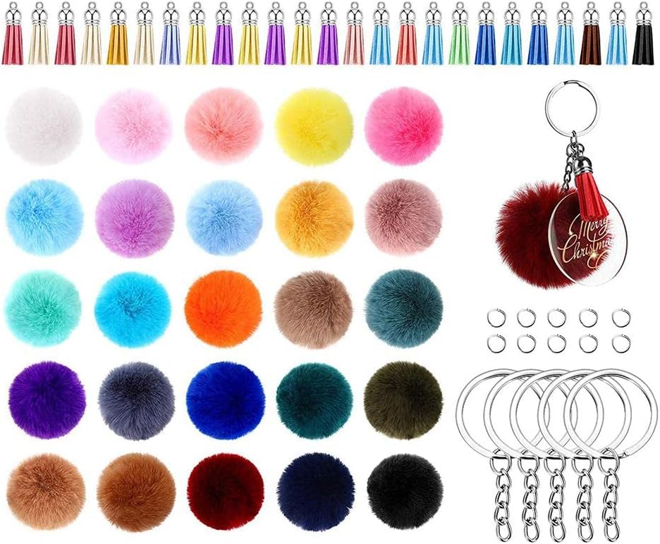 DIY Keychain Making Kit - 195 Pcs Clear Acrylic Blanks with Tassels, Pompoms, Key Rings and Jump Rings | Crafting Supplies for Vinyl Projects, Jewelry Making, 170Pcs No Tassels