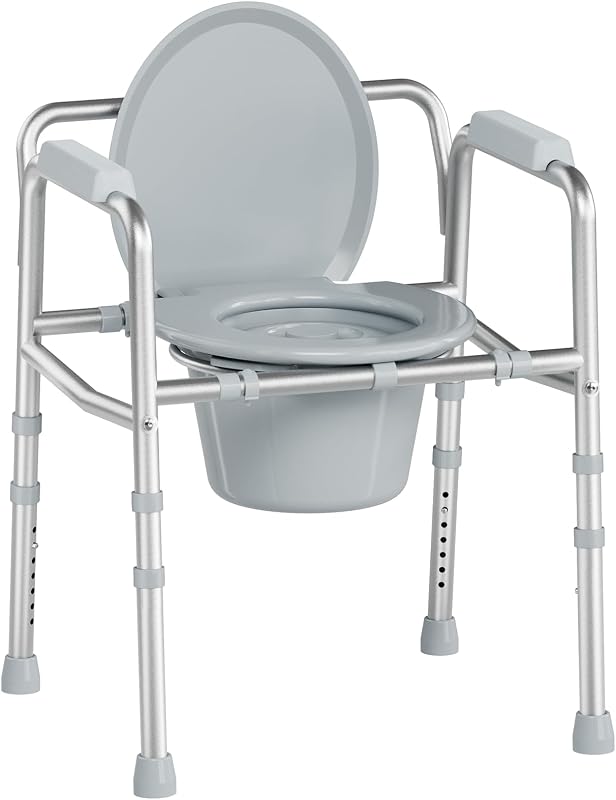 Soundfuse Inodoro con cómoda de cabecera 3 en 1 para personas mayores, barra transversal doble resistente | Balde extraíble de 7,5 cuartos de altura ajustable para una fácil limpieza, montaje sin herramientas, orinal estable de 350 libras para adultos