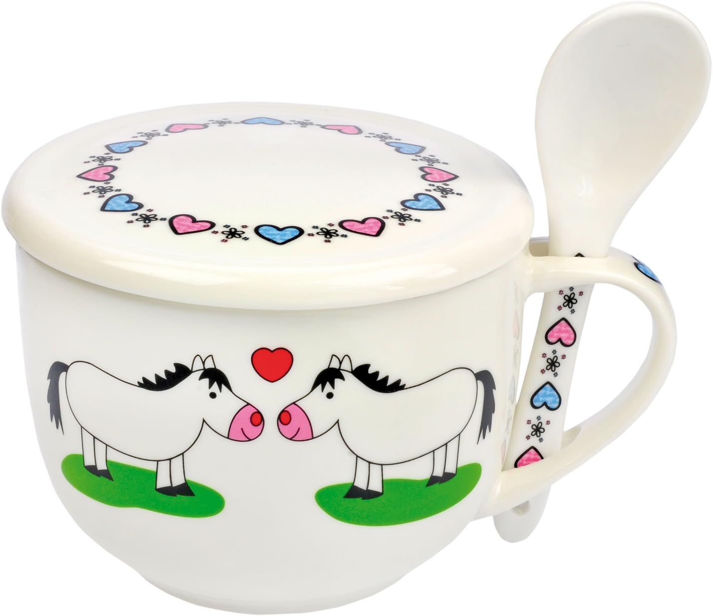Ceramic Mug with Hearts in Set with Spoon and Lid for soup or Cereal Horse