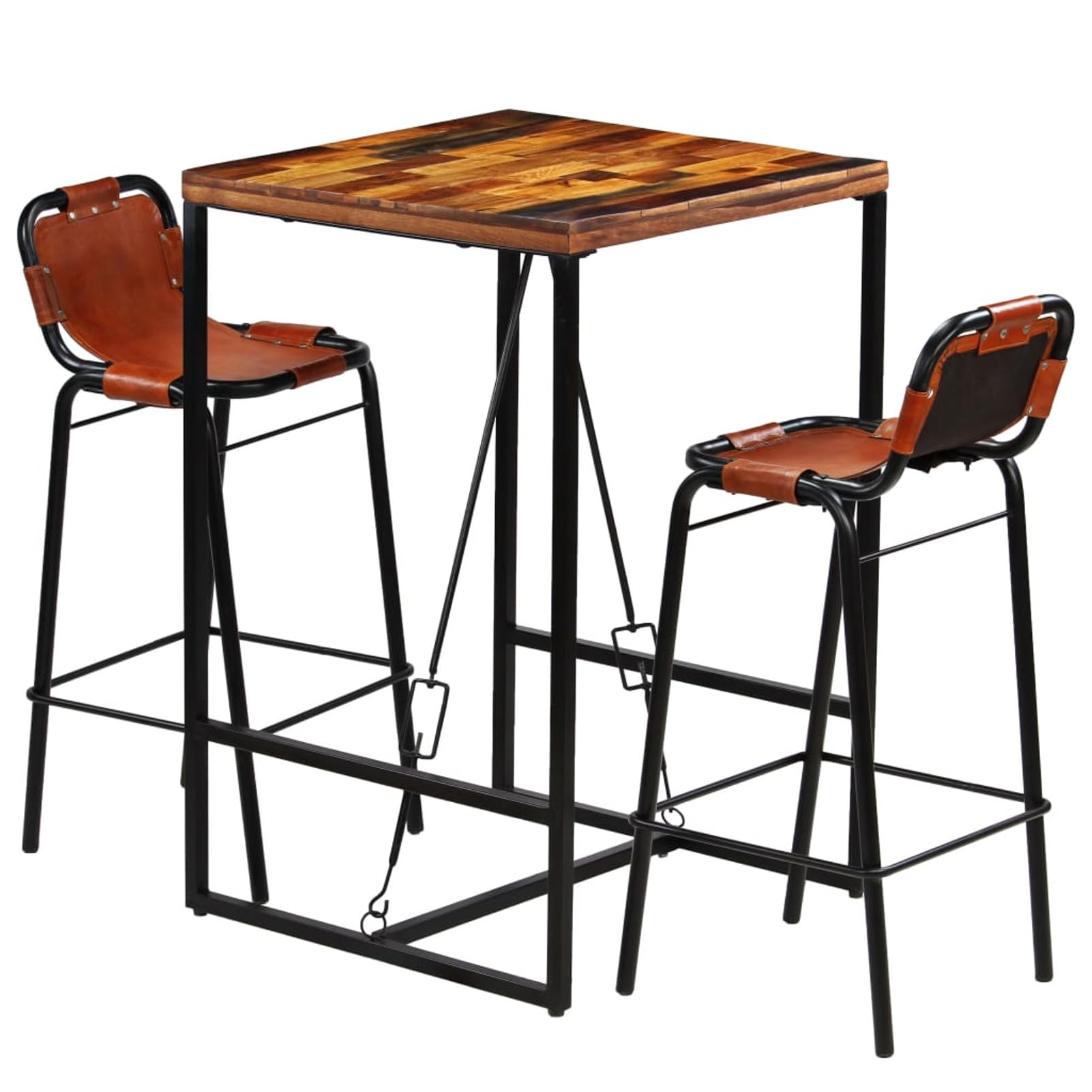 Set da bar 3 pezzi in legno massello di recupero e vera pelle di capra, set di tavolo da pranzo, tavolo da , set di mobili salvaspazio per casa, , ufficio