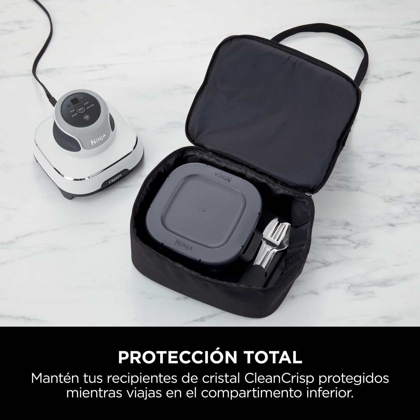 Ninja CRiSpi, Freidora de Aire Portátil, 3,8L y 1,4L, Blanco, FN102EU | 4 en 1: Freír con Aire, Asar, Mantener la Temperatura, Dorar, Compacta, 2 Recipientes de Cristal Extraíbles y Tapas, 1700W