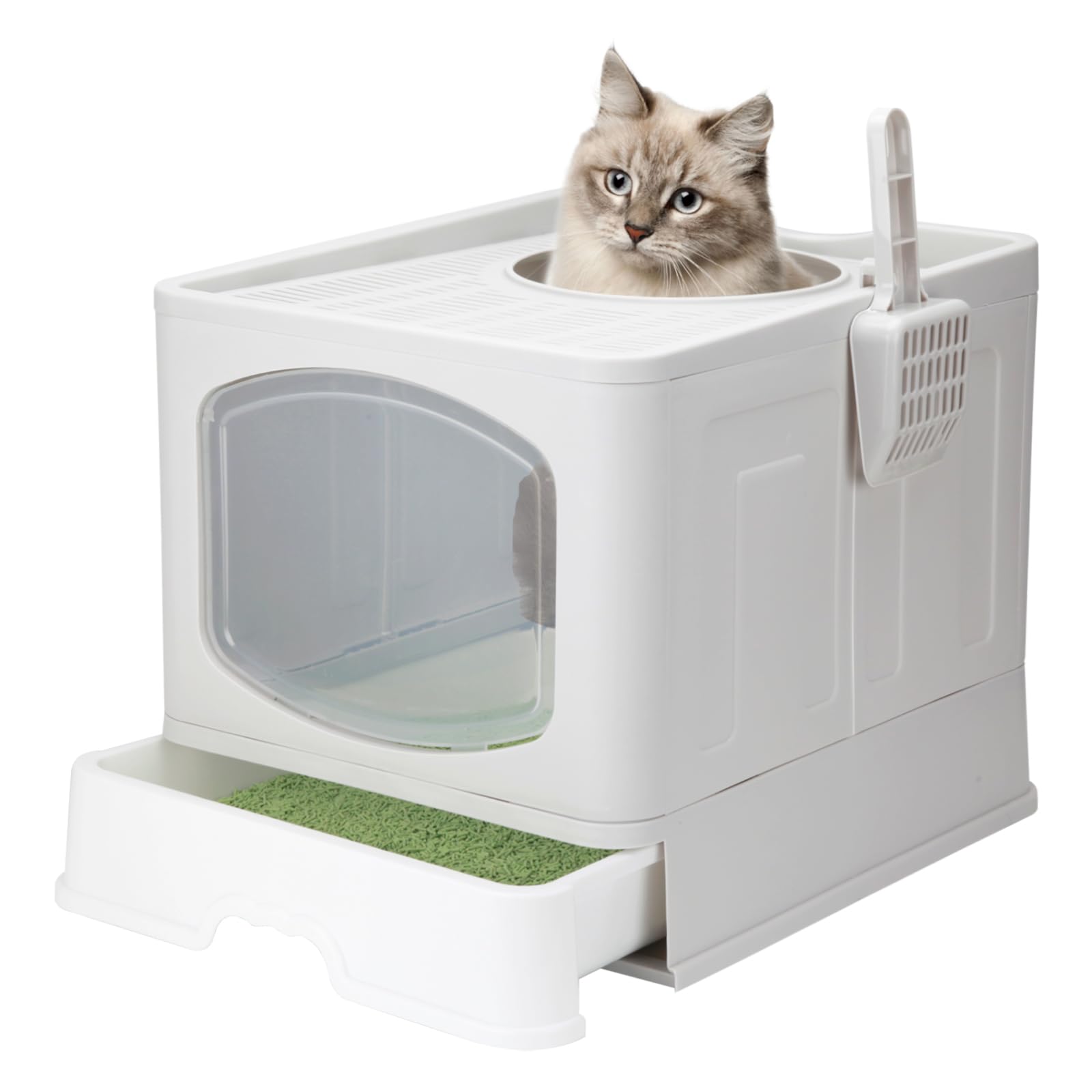 Top Entry Cat Litter Box with Lid,Foldable Litter Box with Cat Plastic Scoop,Extra Large Space,Drawer Structure,Closed Smell Proof Anti-Splashing,Split Type for Easy Cleaning (Gray1)
