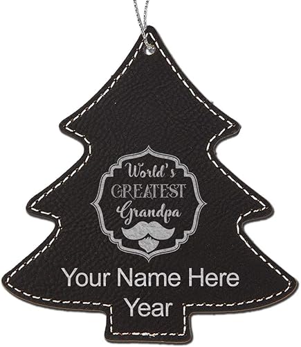 LaserGram Personalized Christmas Ornament, World's Greatest Grandpa, Faux Leather, Custom Laser Engraved Gift Idea (Tree Shape, Black with Silver)