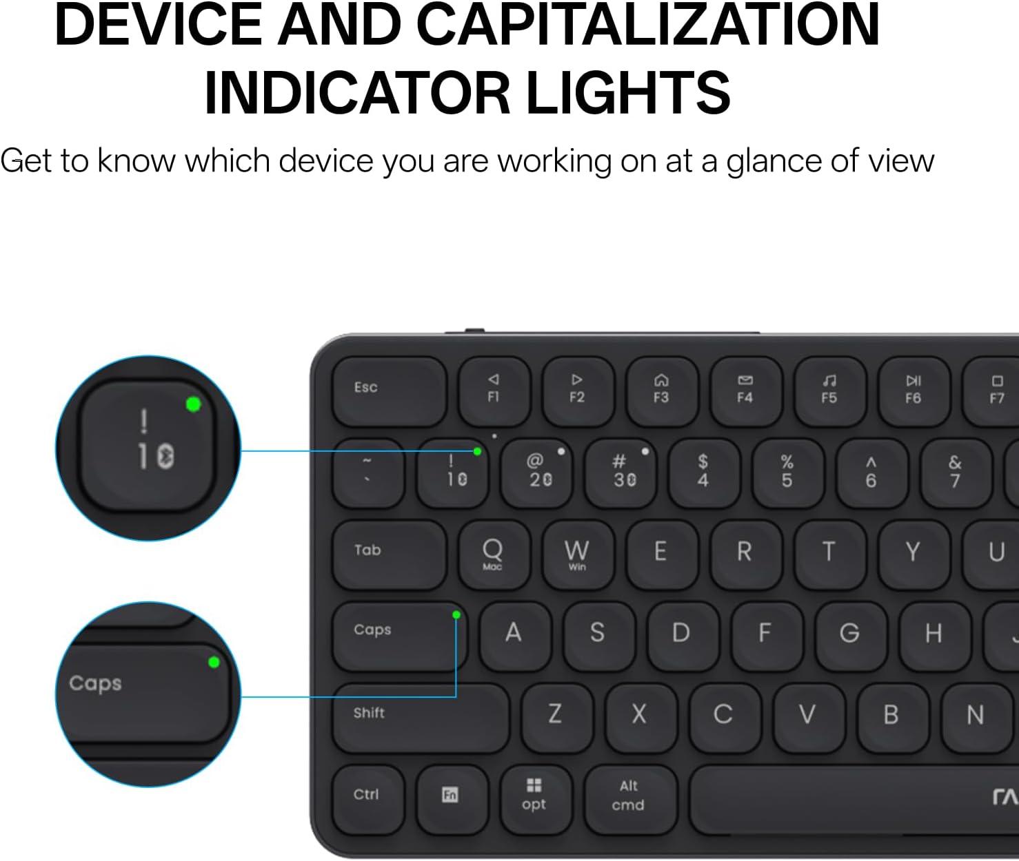 Rapoo 9050S Keyboard showing device and capitalization indicator lights