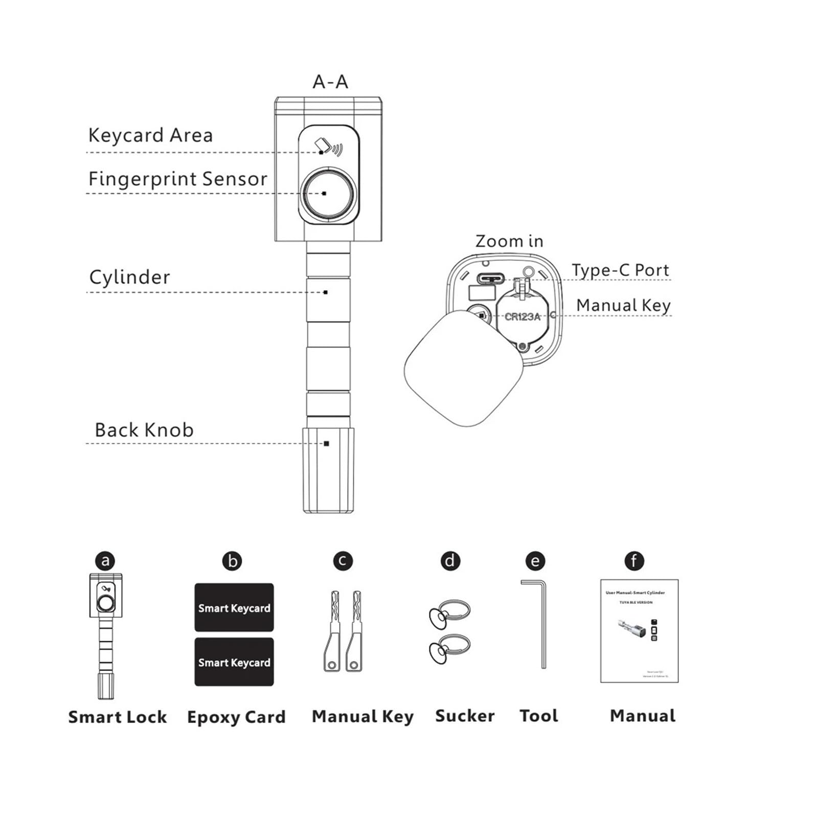 Serratura intelligente a cilindro con impronta digitale, supporta lo sblocco remoto tramite scheda IC/APP tramite Bluetooth(Noir)