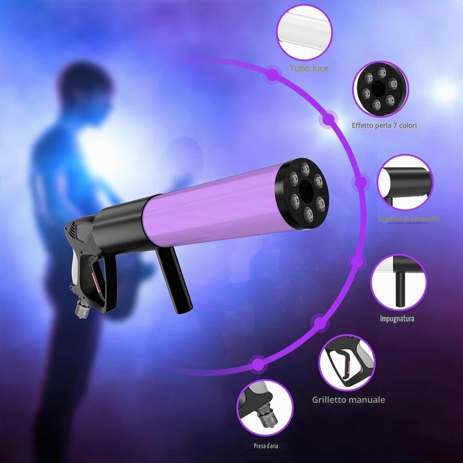 CO2 Pistola per fumo, macchina del fumo, per sera, 6 LED RGB Beads, per bar, serata, spettacolo musicale, Halloween, Natale