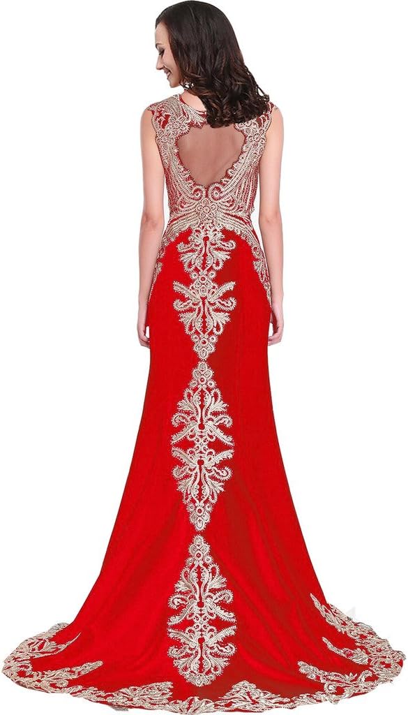 Kivary Crystals Gold Lace Mermaid Long Sheer Illusion Formal Prom Evening Dresses