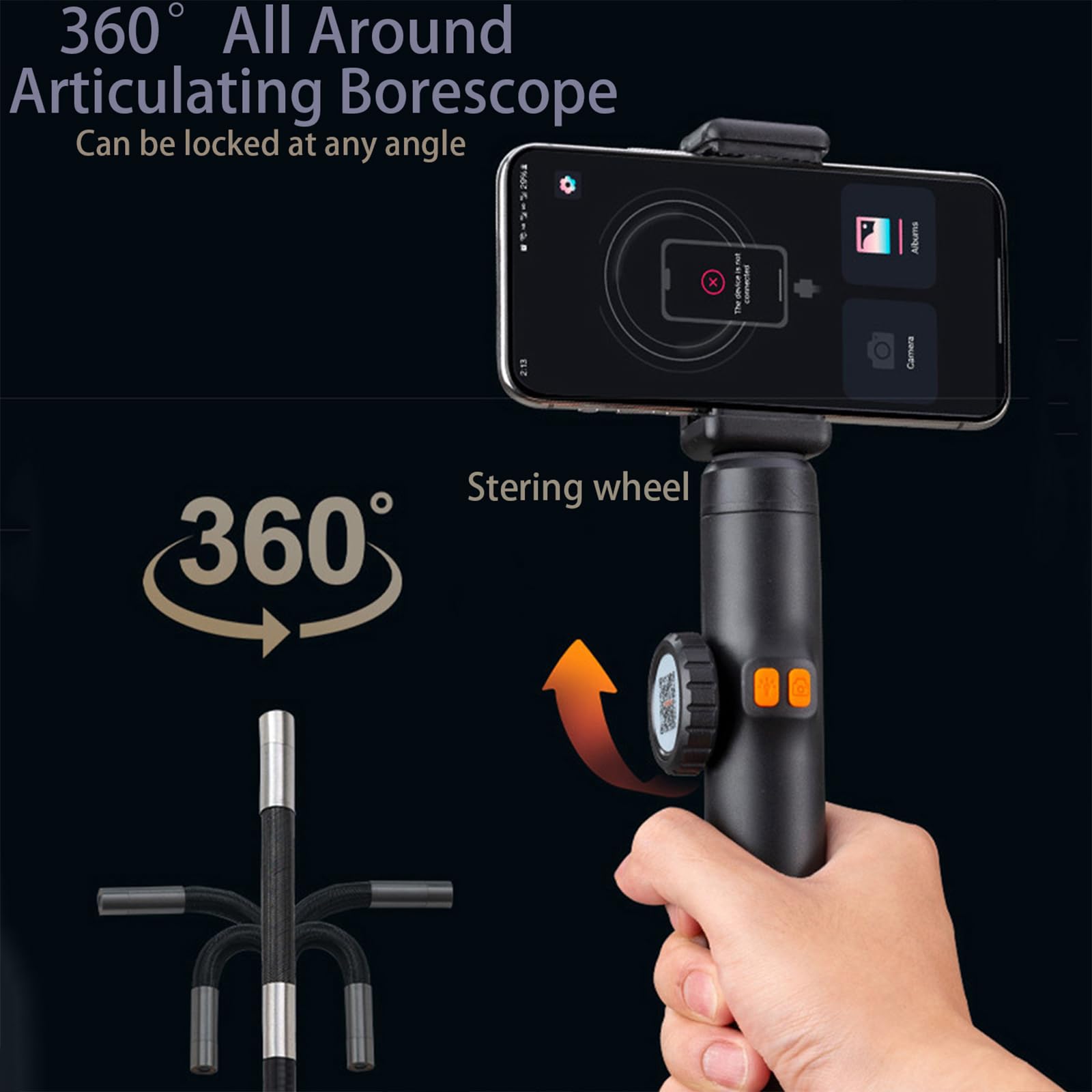 Cámara de inspección endoscópica de doble lente, cámara endoscópica articulada de 360°, endoscopio con luz, lente de 6 mm, sonda impermeable IP67, 6 LED, para HVAC, fontanería, automoción, eléctrico