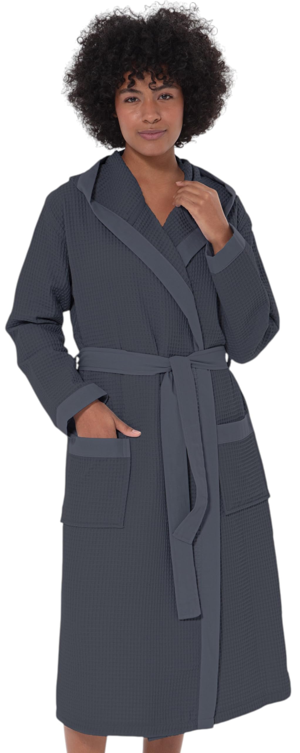 SEYANTE Womens Organic Cotton Waffle Kimono Hooded Robe GOTS Certified Lightweight Full-Length Spa Bathrobe with Piping