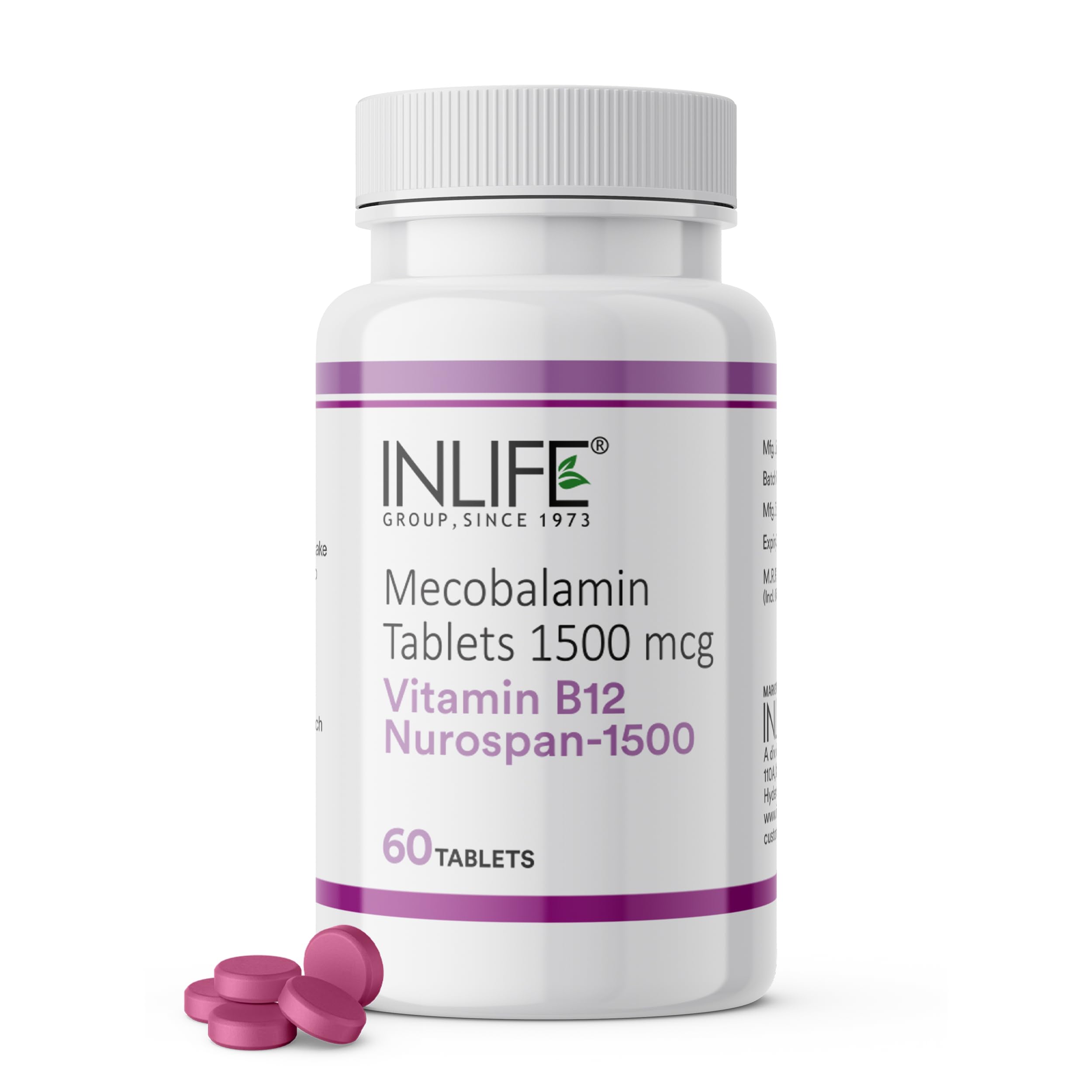 INLIFE Vitamin B12 1500mcg Methylcobalamin Supplement | Energy, Nervous System Support for Men and Women - 60 Tablets