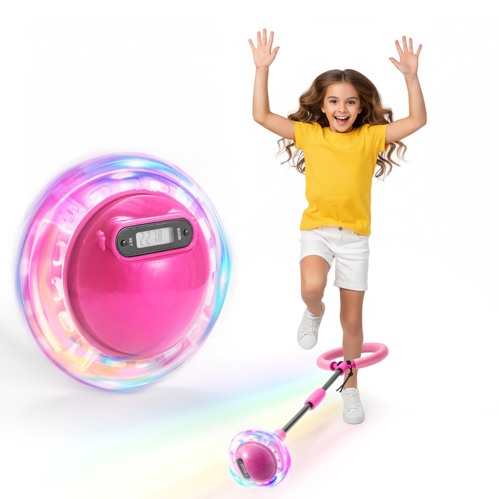BREEZENEST Ankle Skip Ball with Counter, Timer, Cal Calculator, Foldable Foot Skipping Ball with LED Lights, Portable Sports Jump Rope Toy with Carrying Bag Pink