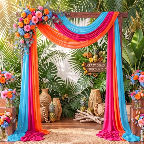 Image of Summer Wedding Arch Draping Fabric 3 Panels, Hot Pink Orange Blue | 2.46 x 20ft, Pink and Orange Sheer Chiffon Fabric Backdrop, for Tropical Colorful Sunset Party Bridal Shower Decoration