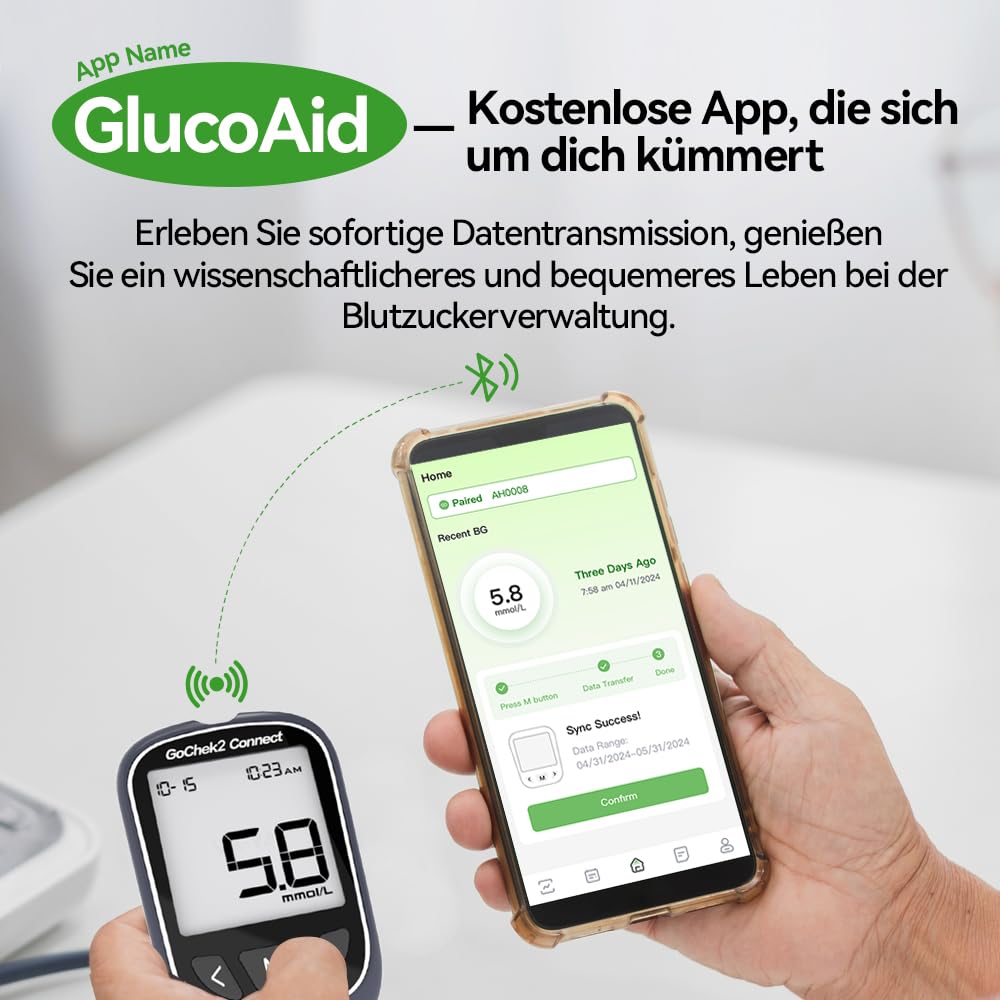 MicroTech Bluetooth Blutzucker-Messgerät Kit 10 Streifen & Lanzetten, ohne Codierung, 500 Speicher, breiterer HKT für die Familie (mmol)
