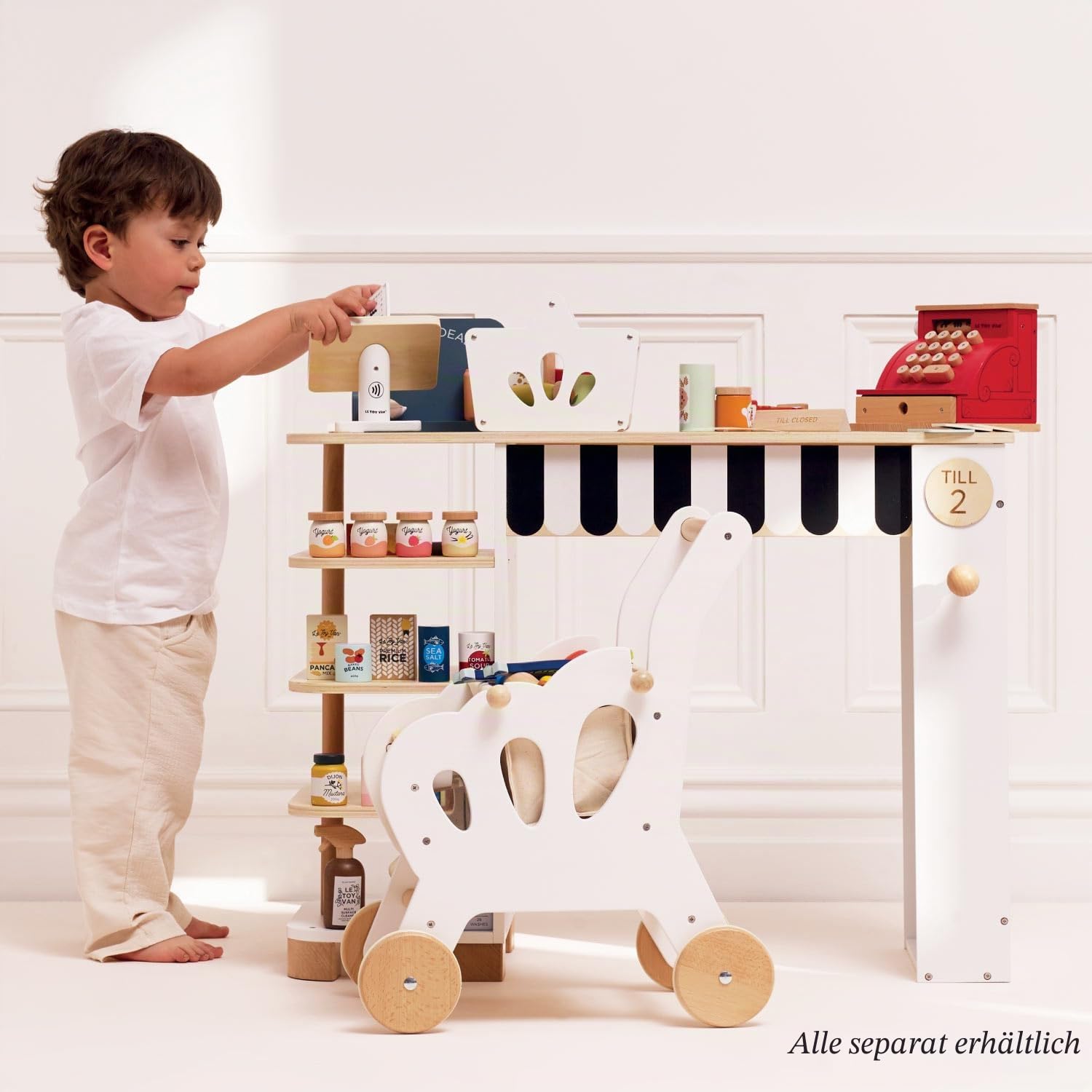 Le Toy Van – Honeybake Rollenspiel Kasse aus Holz mit Kassenbeleg, Kassenschublade und Spielgeld | Ideal für Rollenspiel Supermarkt, Lebensmittelladen oder Café, Geldkasse, TV295