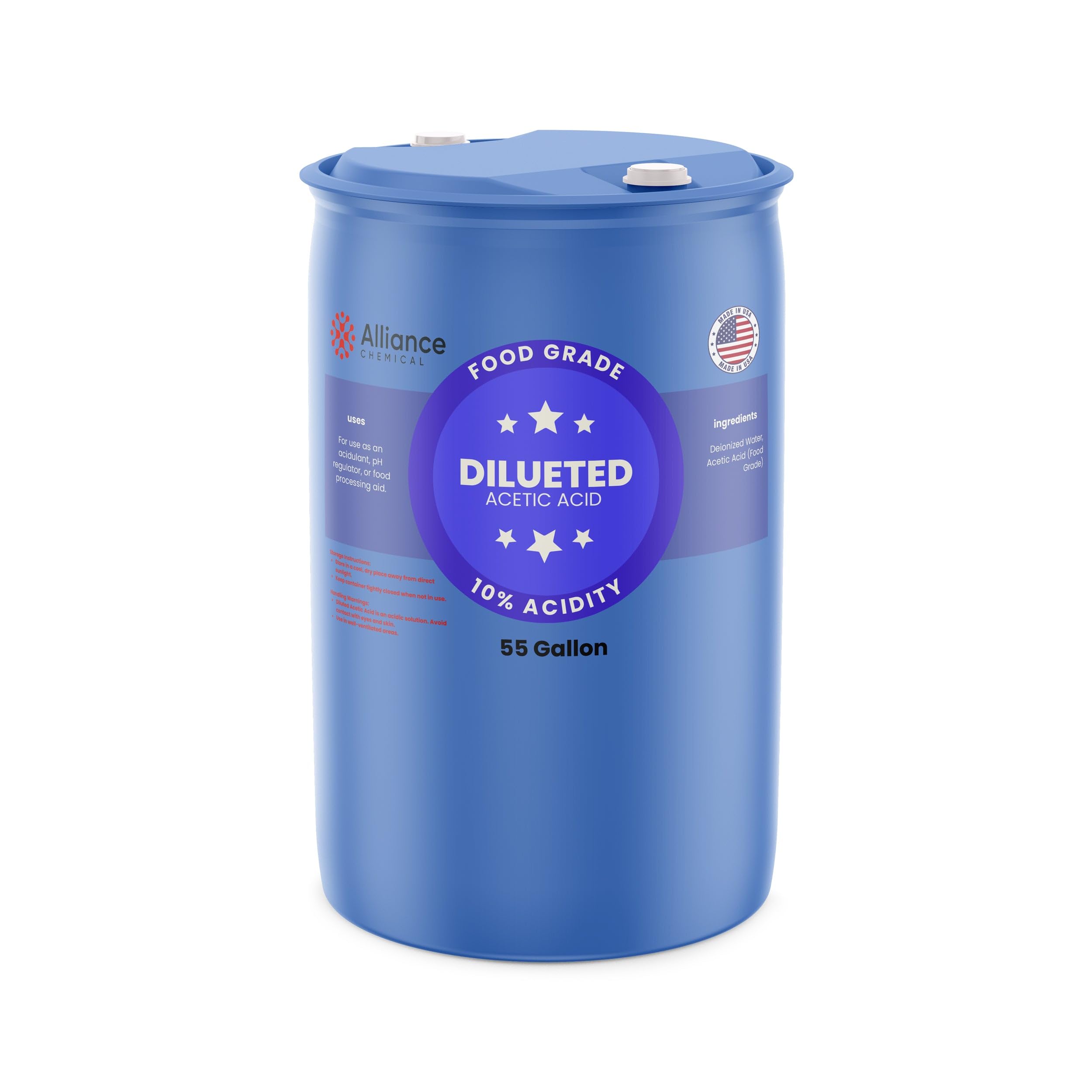 10% Diluted Acetic Acid Food Grade - 55 Gallon Drum – for Industrial Cleaning, pH Adjustment, Metal Surface Treatment, and Chemical Processing