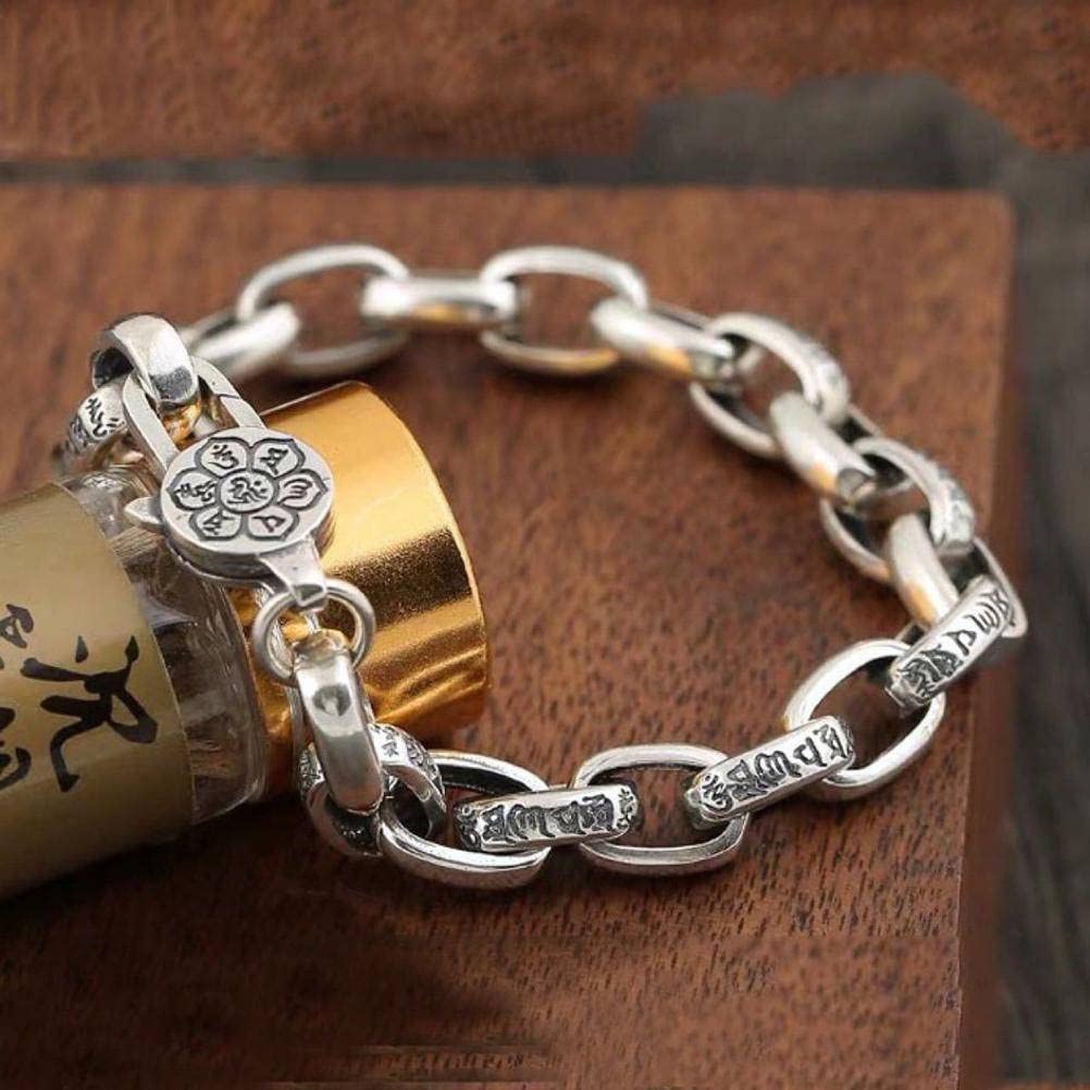 SIWAN Pulsera S925 de plata, pulsera simple retro Retrisex Buddhist Escritura Stick Silver Chain