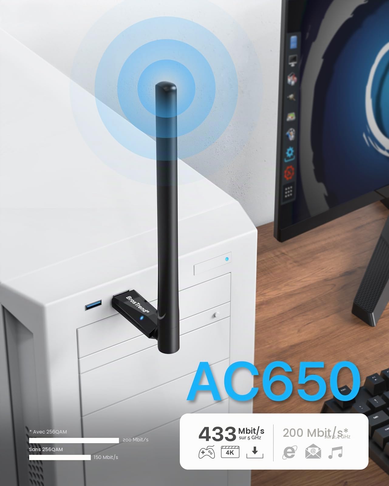 BrosTrend Clé USB WiFi Linux 650Mbps pour Ubuntu, Mint, Kali, Debian, Kubuntu, Mate, Zorin, PureOS, Raspberry Pi 2+, Windows, Adaptateur Dongle Bi-Bande 5GHz / 2.4GHz, Antenne Wi-Fi Longue Portée