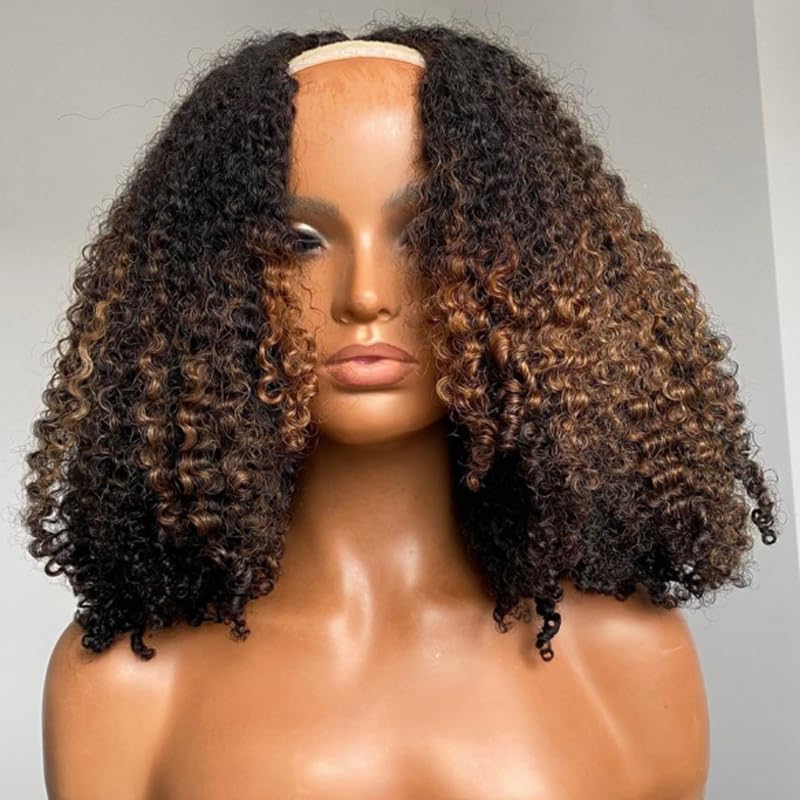 12inch Ombre Balayage Highlight Curly U Part Wig Human Hair 130% 4x2 inch Afro Kinky Curly FB30 Glueless Human Hair Upart Wigs for Black Women Full Head U Shape Clips in Half Wig No Leave Out 4B4C
