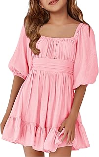 Girls Summer Dresses Square Neck Lantern Sleeve Tie Backless Ruffle A-Line Party Mini Dress - Buy now