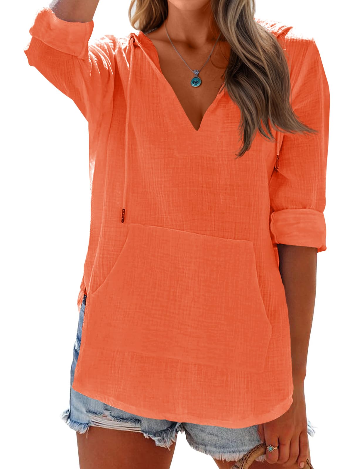 Ebifin Damen Beach Cover Up Hoodies Sweatshirt Langarm V-Ausschnitt Taschen Kapuzenshirt Top