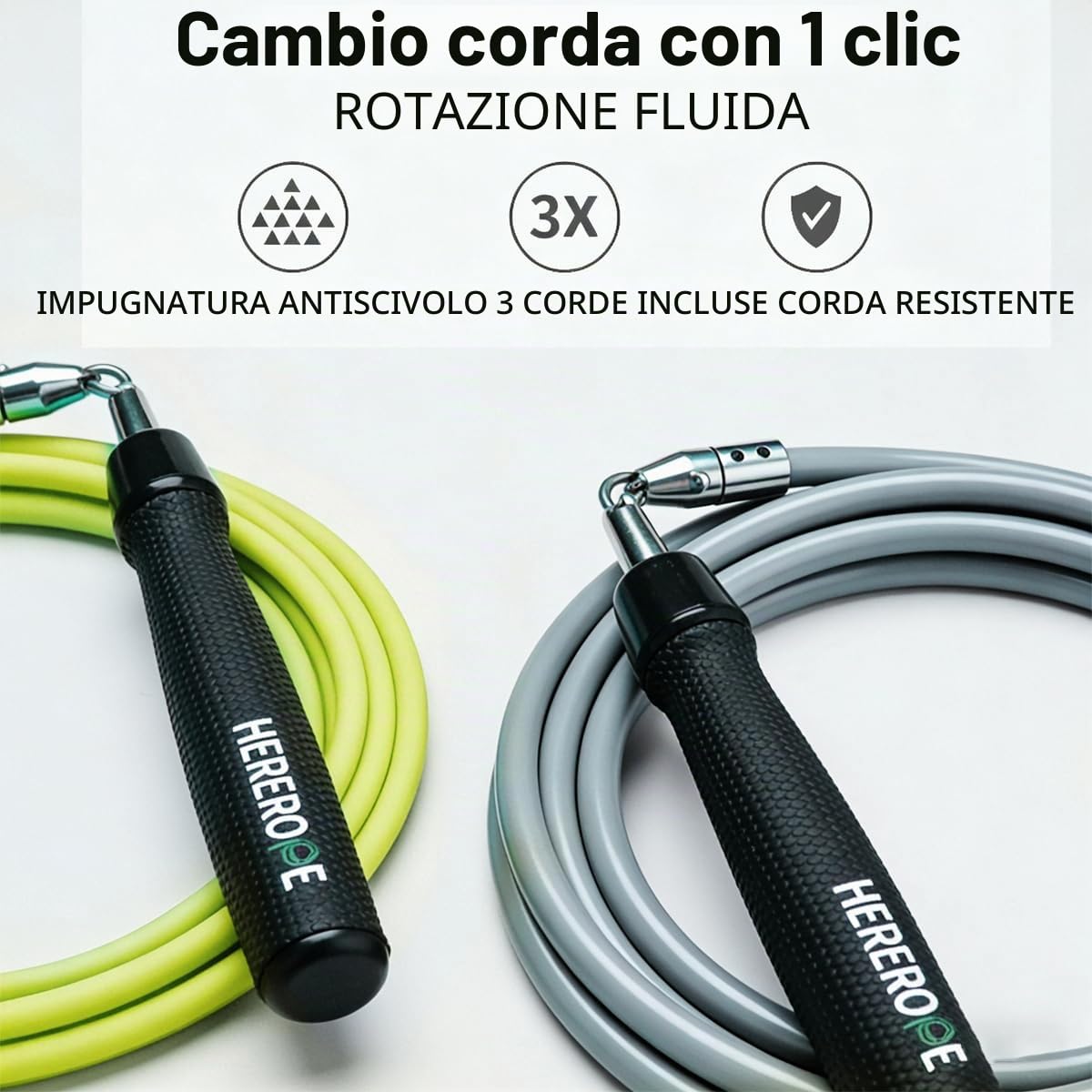 Hererope Corda per saltare ponderata 3 in 1, pesi intercambiabili,1/6lb, 1/4lb, 1/2lb, rotazione di 360 gradi, lunghezza regolabile, manico ergonomico in pelle
