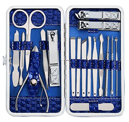 Yimart 18PCS Manicure Set Professional Stainless Steel Pedicure Kit Nail Clipper Travel Scissors Grooming Kit with Leather Travel Case (Blue)