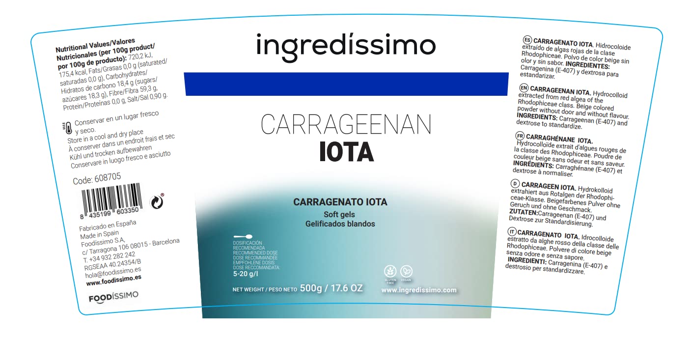 INGREDISSIMO - Carrageenan Iota, 500 g, Soft Gel, Pure Carrageenan Texture, Gélifiant et Epaississant en poudre, Produit Vegan et sans Gluten, Couleur Beige, Sans Saveur et Sans Odeur