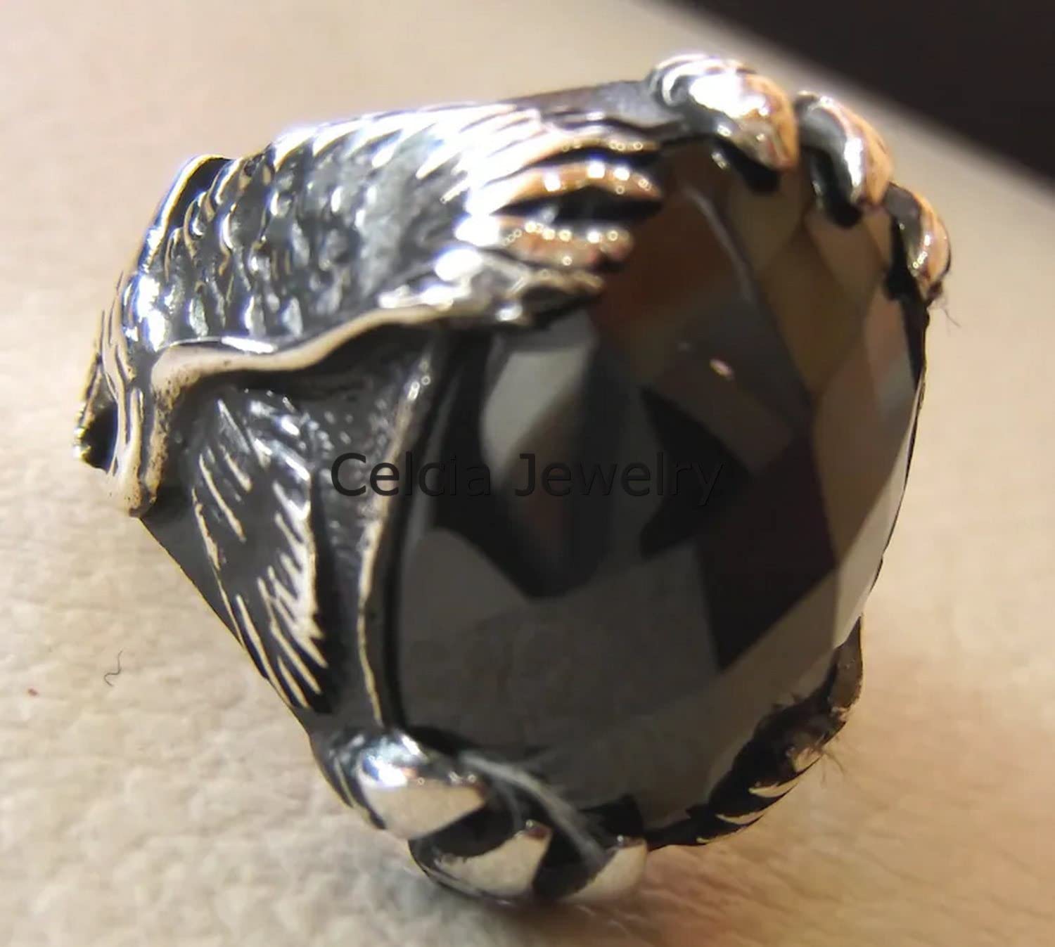 Ametista pizzo agata pietra preziosa naturale unico Aquila Anello con sigillo di dichiarazione, gioielli ossidati argento antico classico, regalo del giorno dei padri, pietra di nascita di febbraio