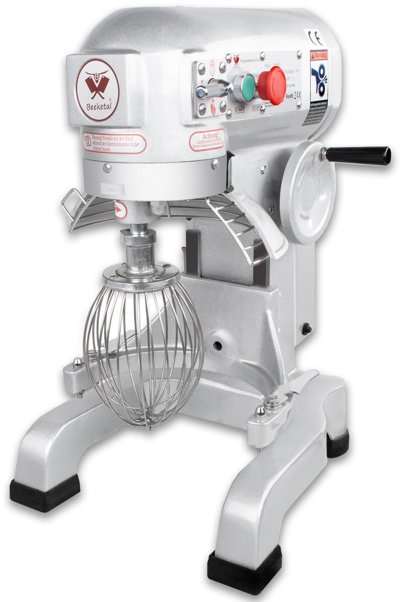 Beeketal 'BSM10P' Profi Teigknetmaschine mit Planetenrührwerk 10 Liter Kapazität (3 Stufen 105, 170, 340 U/min), Knetmaschine inkl. Knethaken, Schneebesen und Flachrührer - silber lackiert