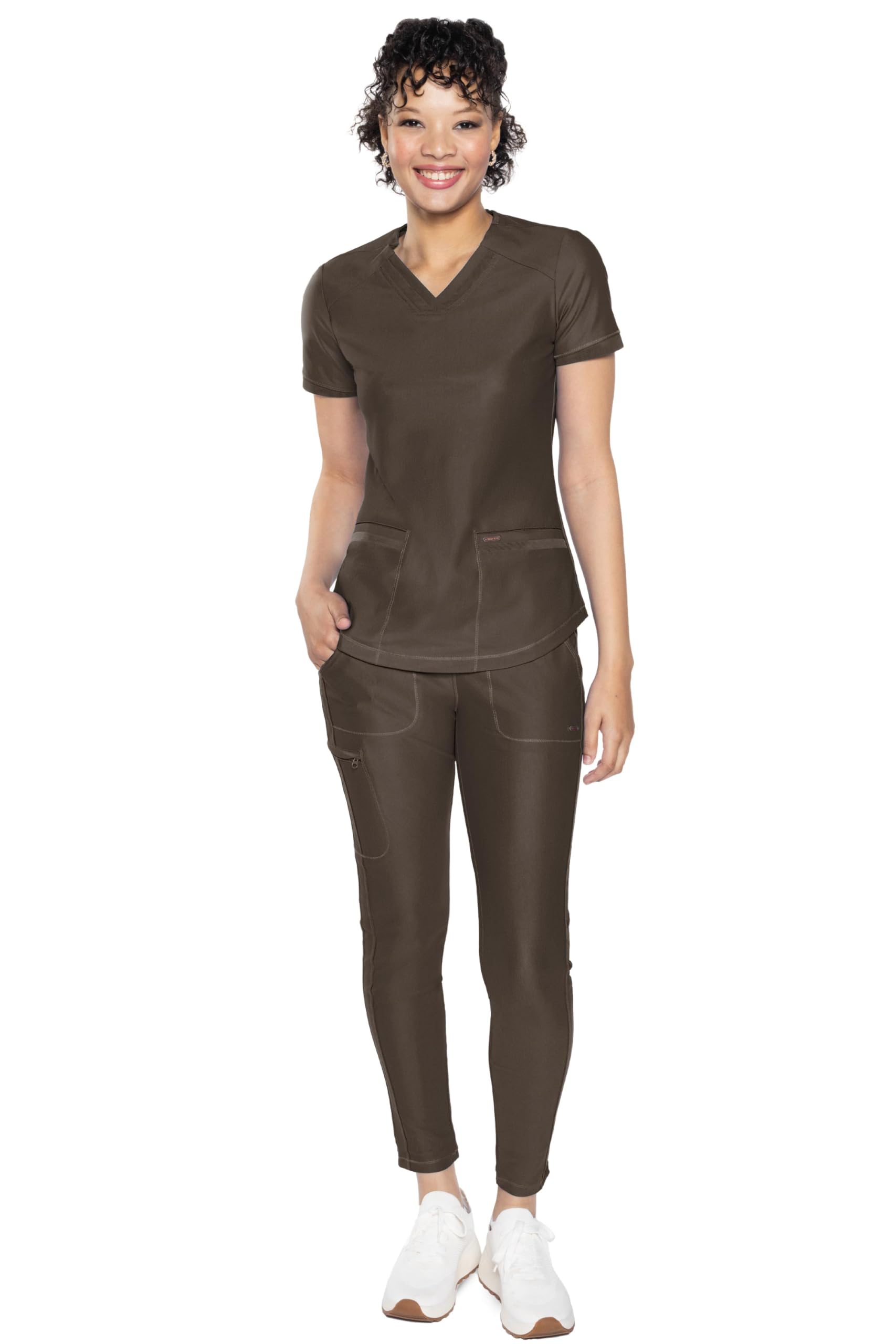 Cherokee Conjunto de uniforme médico para mujer, 7 bolsillos, cuello en V, dobladillo curvado CK840 y pantalón de pierna cónica de tiro medio CK095, camiseta de hierro XL / pantalón pequeño 2XL