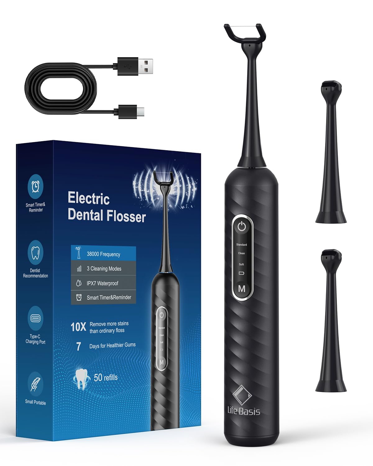 LifeBasis Hilo dental eléctrico con 3 modos y 50 cabezales de repuesto, alternativa al hilo dental de agua, palillos de hilo dental para limpieza interdental y cuidado bucal diario