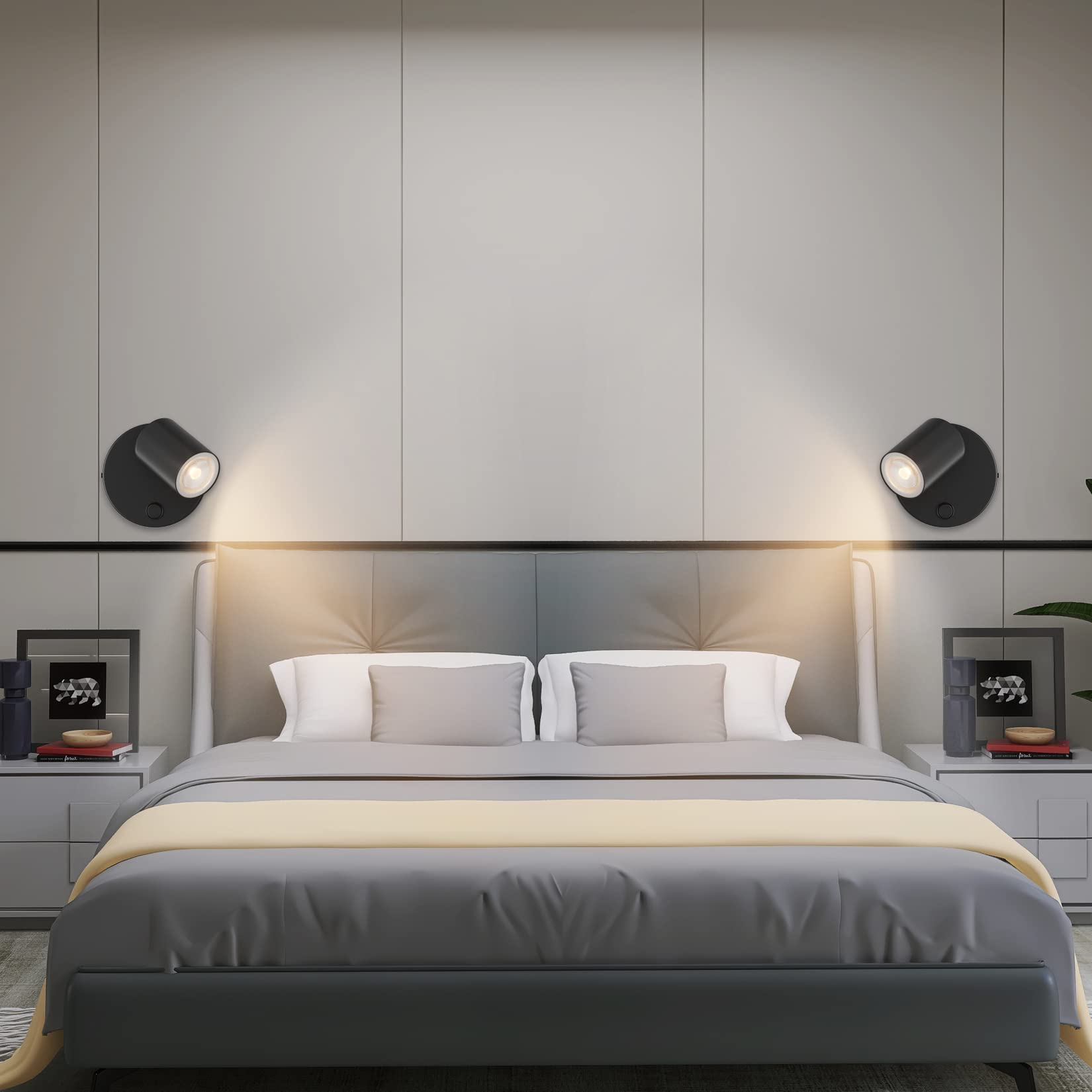 Kligthten 2 pcs Applique Murale Interieur, GU10 Spot Mural, Lampe Murale Orientables avec Bouton, Moderne Spot de Plafond Aluminium, pour Chambre Salon Cuisine, Ampoule non Incluse, Noir