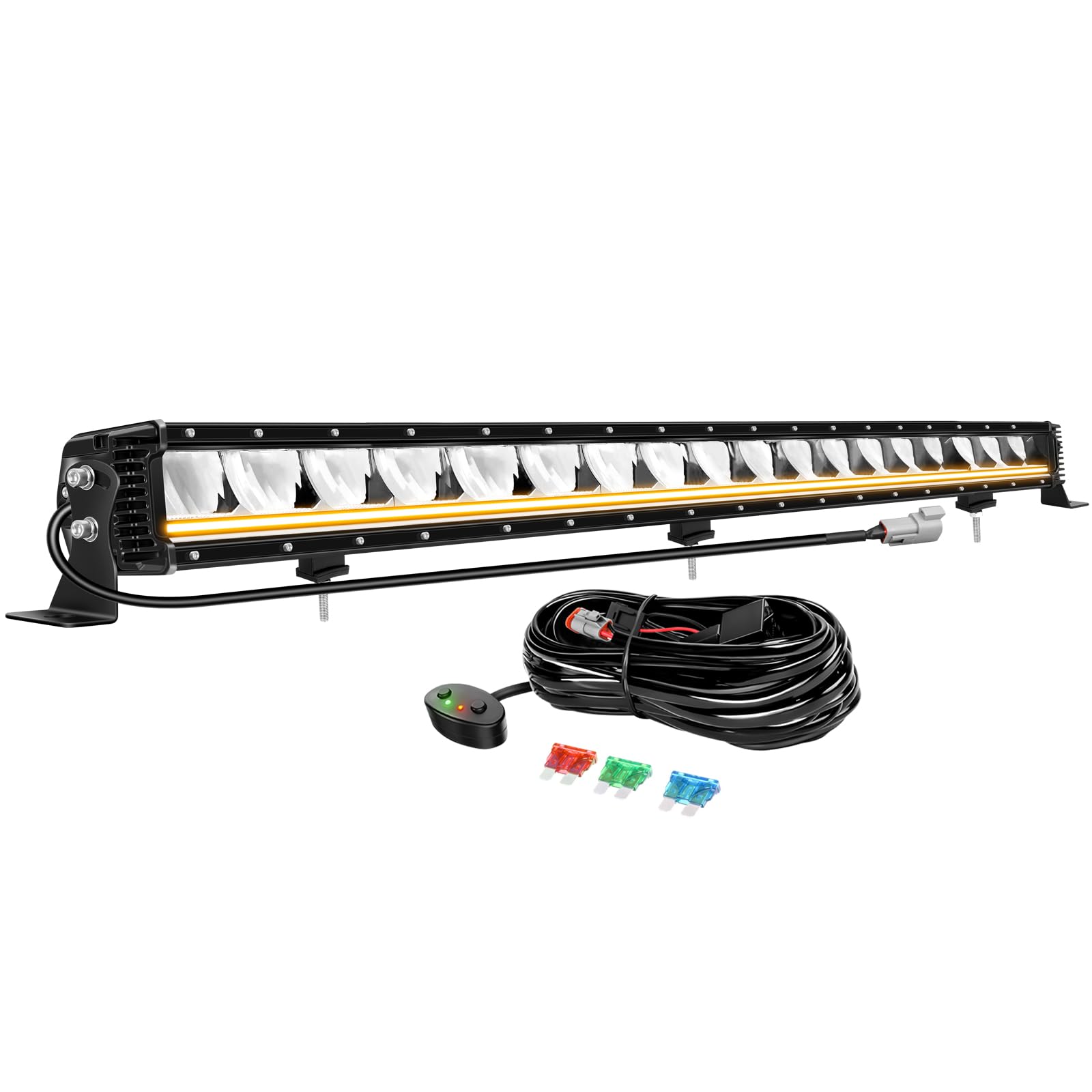 AUXTINGS 58 cm 80 W listwa świetlna LED z bursztynowymi światłami DRL, rząd świateł terenowych 4 x 4, antyodblaskowa, wiązka kombi IP67 z zestawem okablowania do pojazdów ciężarowych SUV, ATV, łodzi
