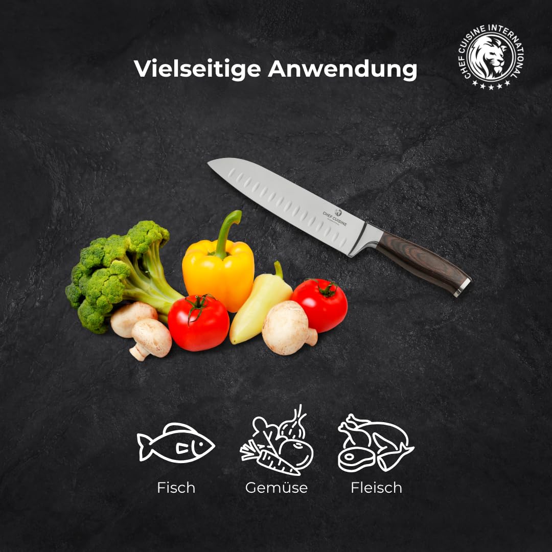 CHEF CUISINE Santoku-Messer, Klingenlänge 180 mm, Spezieller Klingenstahl, Eisgehärtet, Handgeschliffen & poliert, Fugenlose Verbindung, Ergonomischer Griff