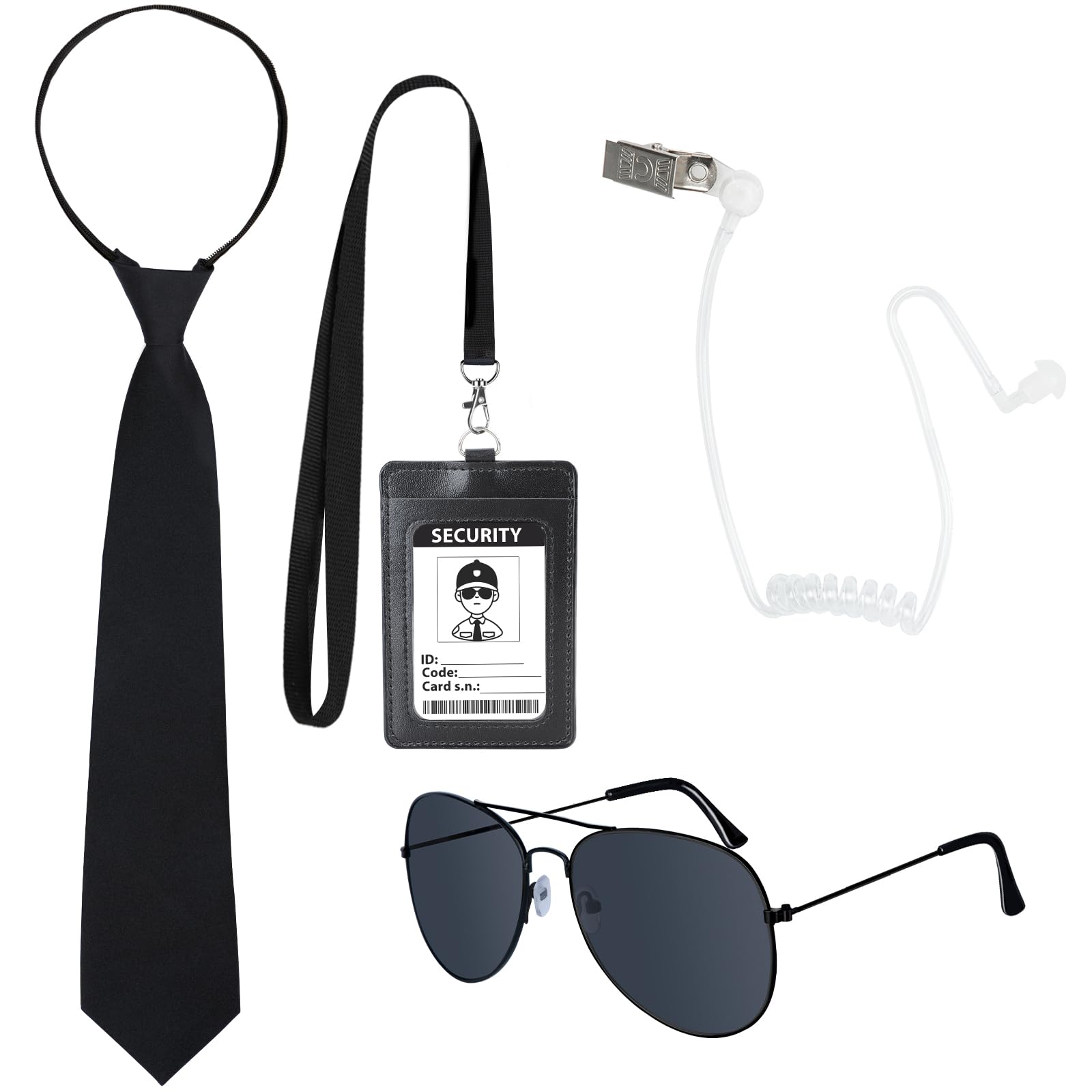 4PCS Secret Agent Accessories, Secret Service Costume Set with Adjustable Zipper Ties Sunglasses Fake Earpiece ID Card for Adult Kids Halloween Cosplay