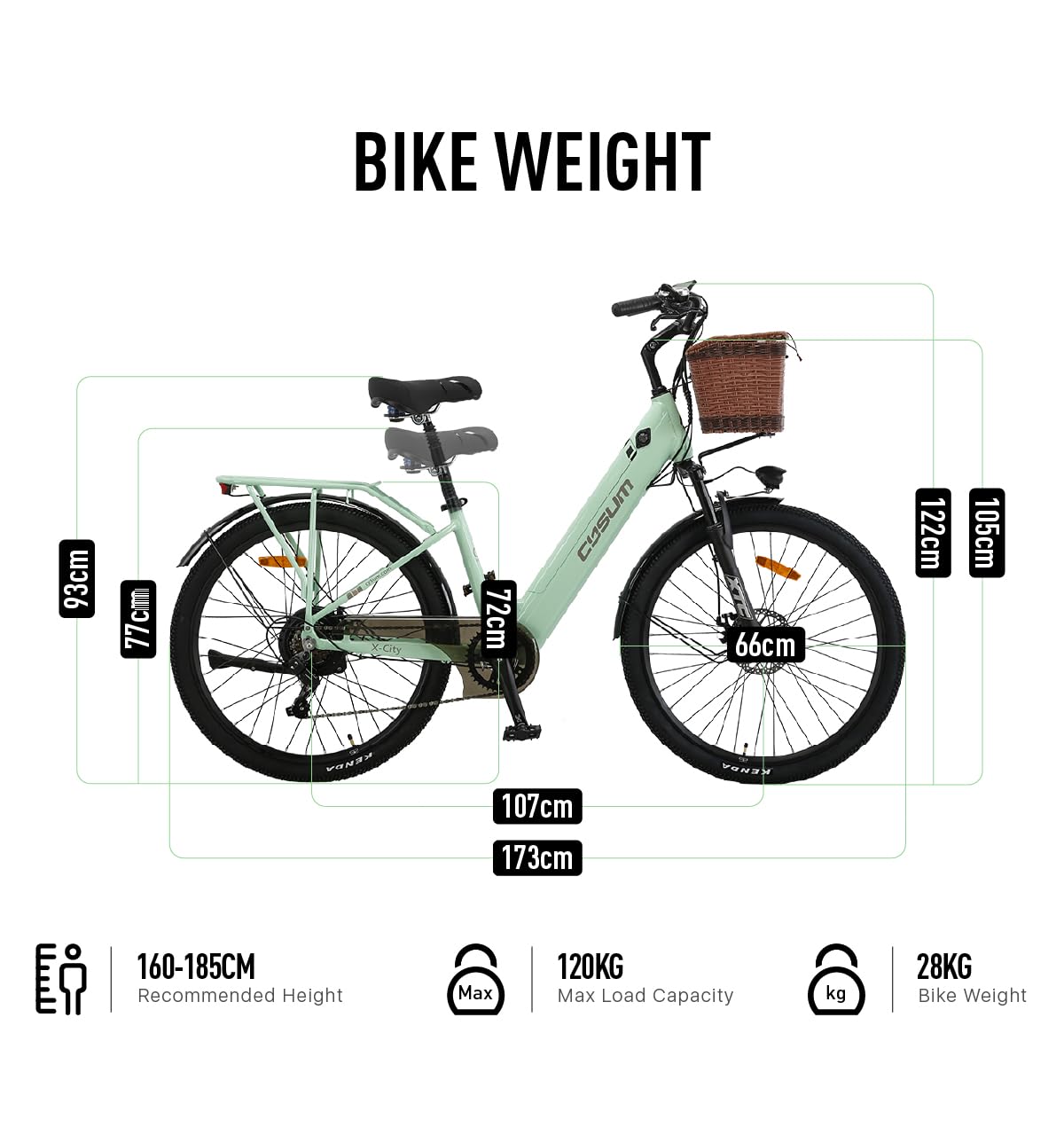 Vélo électrique unisexe pour adulte X-City de 26 pouces, dérailleur à 7 vitesses, équipé d'une batterie amovible de 48 V 10,4 Ah, vitesse maximale de 25 km/h, autonomie de 80 à 110 km