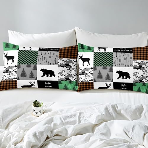 Miniatura 9 de Juego de sábanas bajeras planas de ciervo del bosque para niños y niñas, juego de sábanas de cuadrícula a cuadros de búfalo blanco y negro, juego de