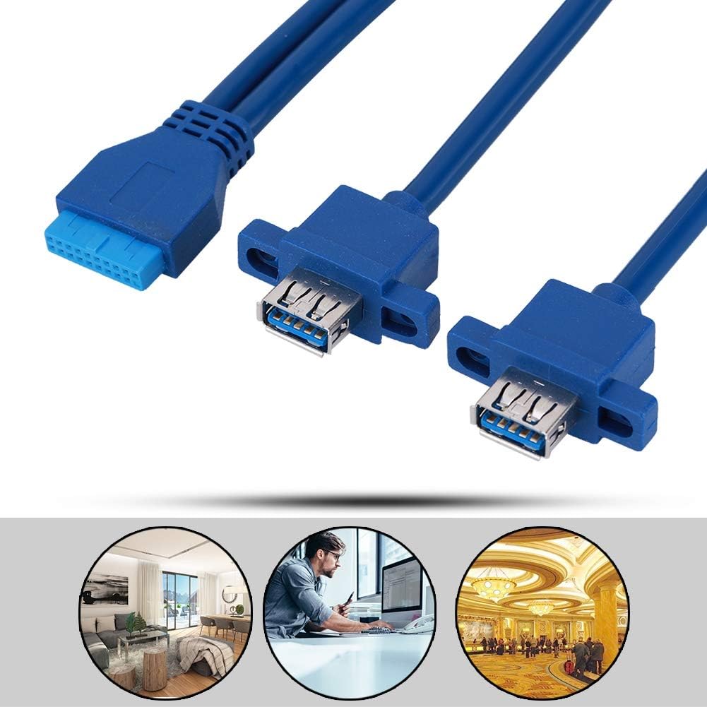 ASHATA USB3.0 Data Cable,USB3.0 19PIN TO 2AF Front Motherboard Panel Mount Cable with Screw Hole,USB3.0 Cable With One 19pin/20pin Female Mother,Double USB3.0 A Female,Blue(0.3m) - Image 5