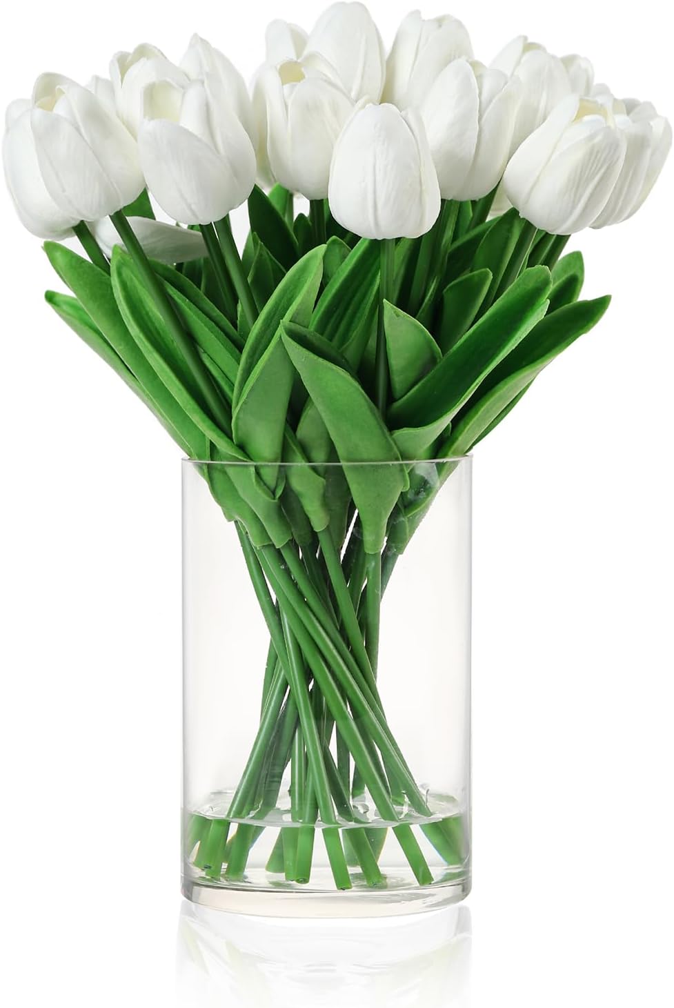 20 PCS Real Touch Tulips Artificial Flowers in Vase, Tulips Fake Flowers with Vase and Fake Water for Home Decor, Dining Table (White)