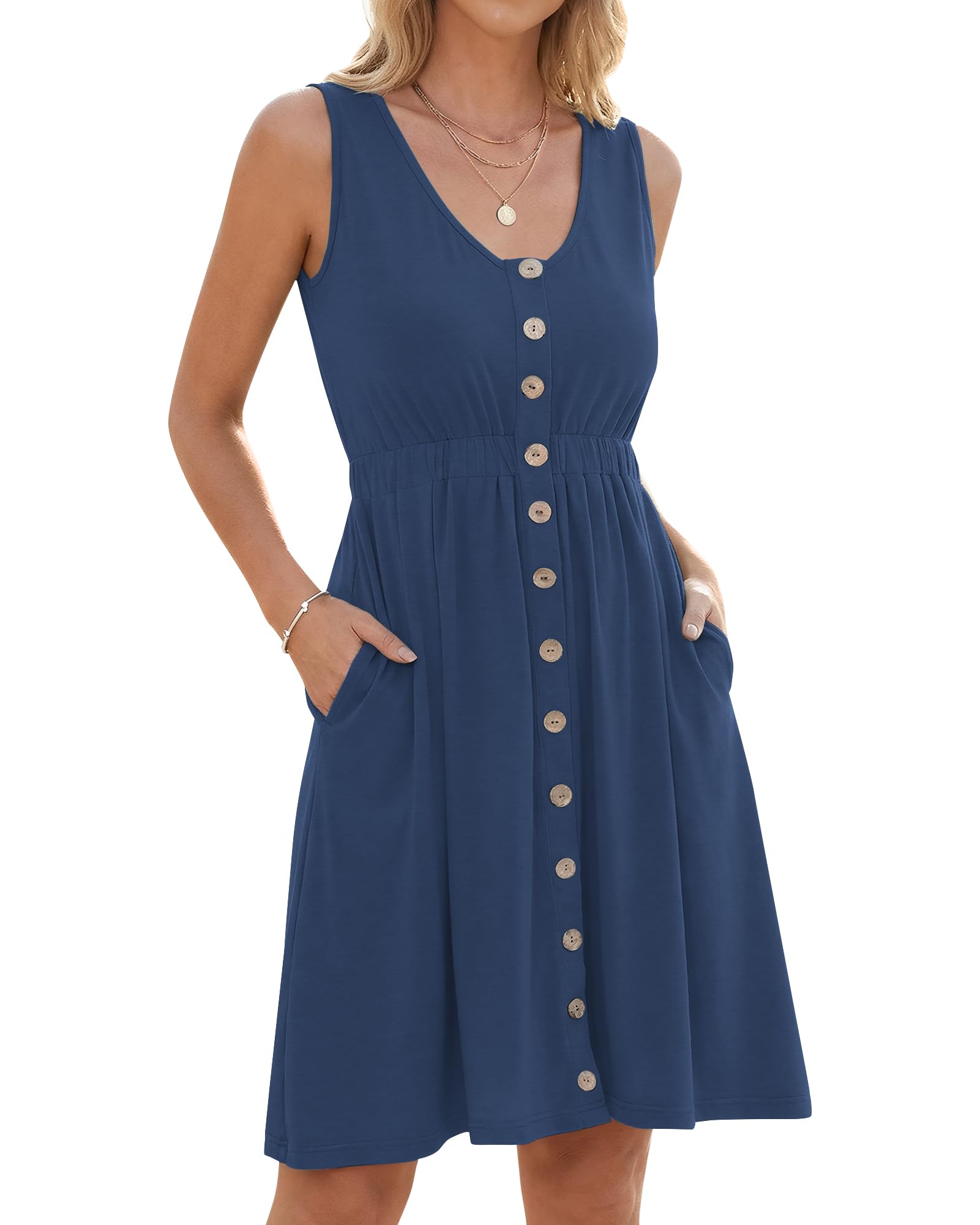 AUSELILY Sommerkleid Damen Ärmellos V-Ausschnitt Minikeid Casual Button Down Strandkleid mit Taschen
