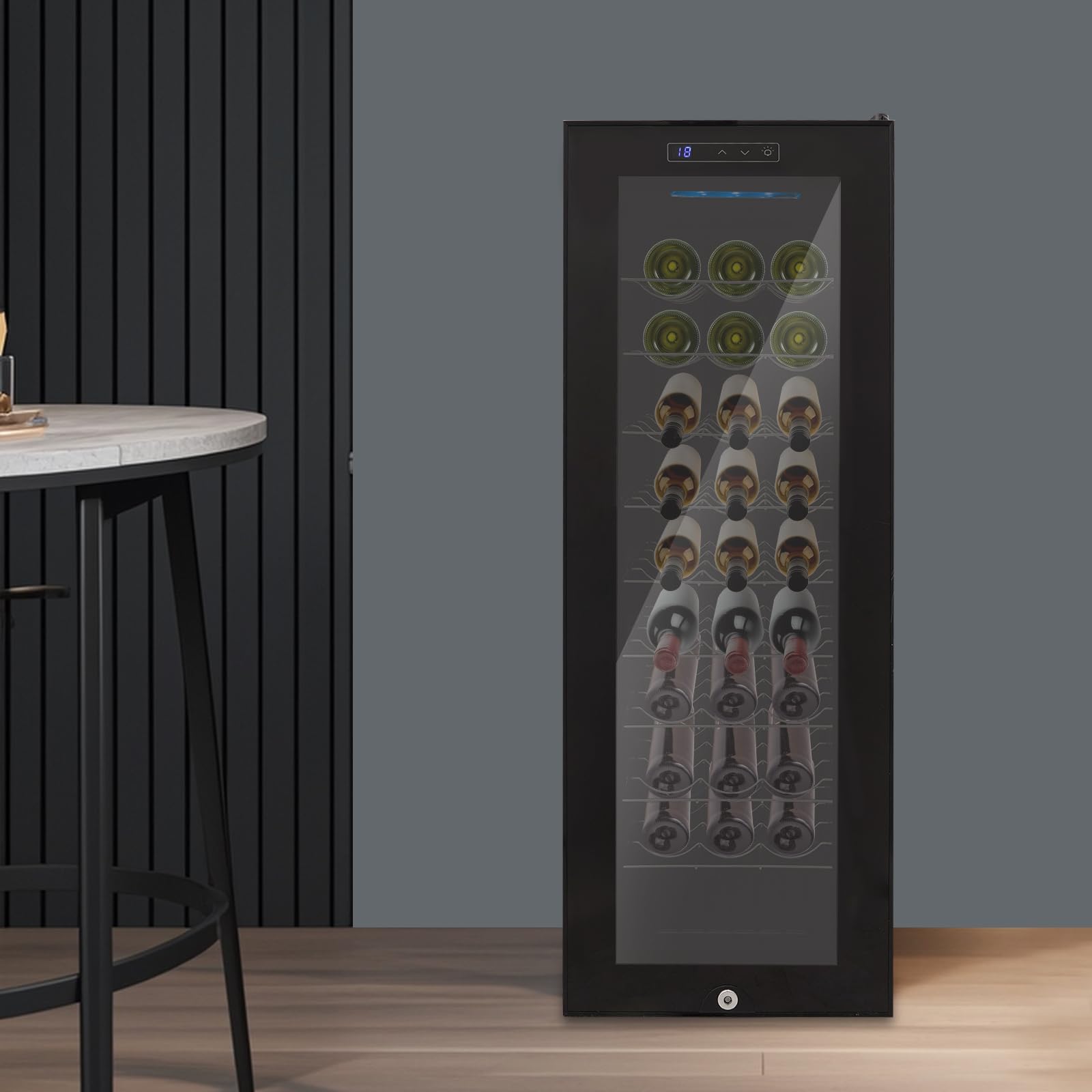 Frigorifero per vino, 30 bottiglie, 90 l, illuminazione a LED, freestanding Wine Fridge con touchscreen, porta in vetro rinforzata, 50,5 x 34,5 x 98,5 cm