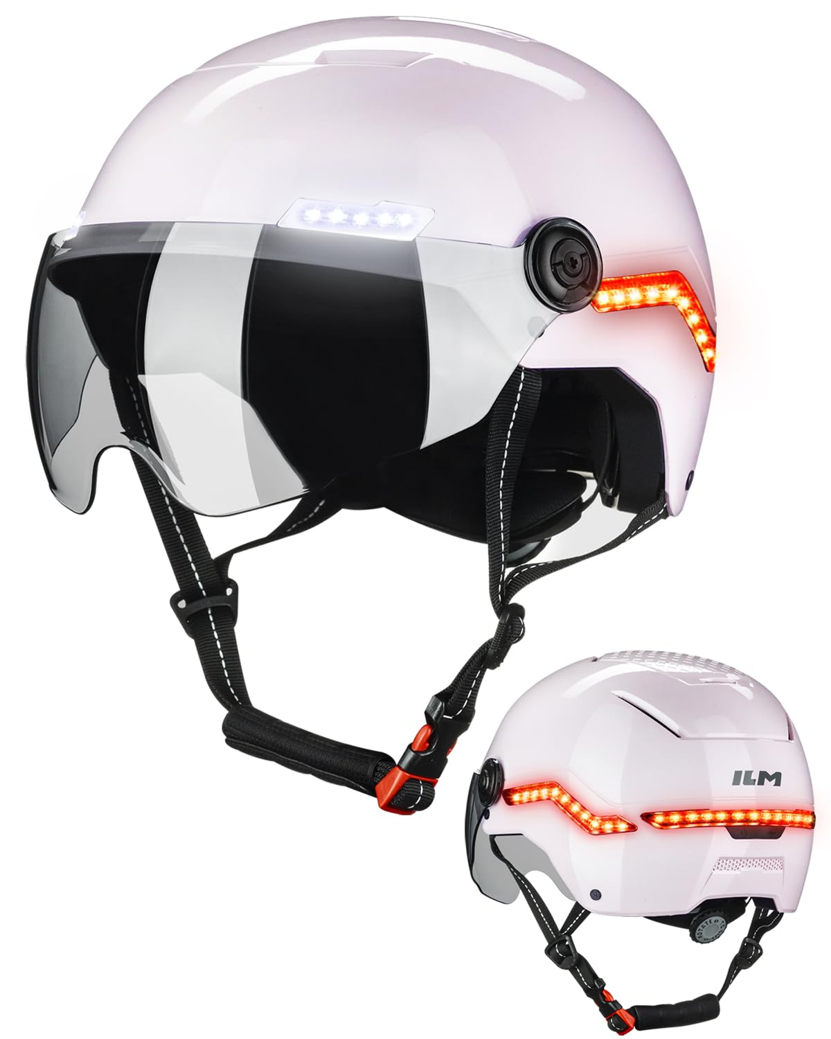 ILM Fahrradhelm Herren Damen mit Visier und LED Licht Beleuchtung Automatischem G-Sensor für Blinker Bremswarning Modell MB101L,Rosa,S/M