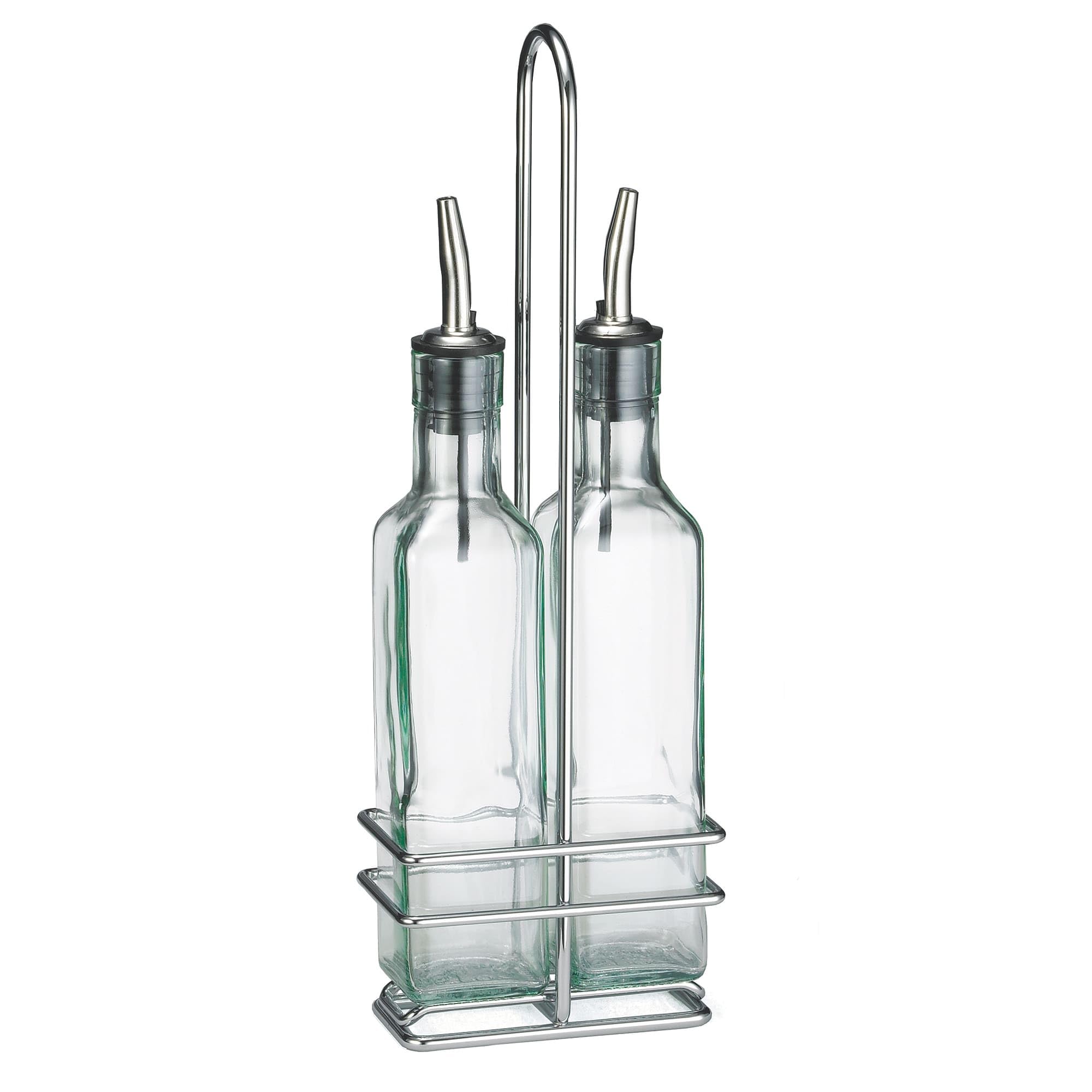 TableCraft Juego de botellas de aceite de oliva con dos botellas cuadradas/estante cromado de 8.5 onzas